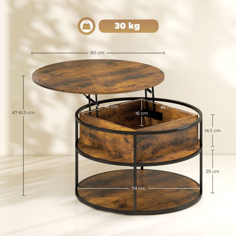 Round coffee table, height adjustable, with shelf and storage, brown