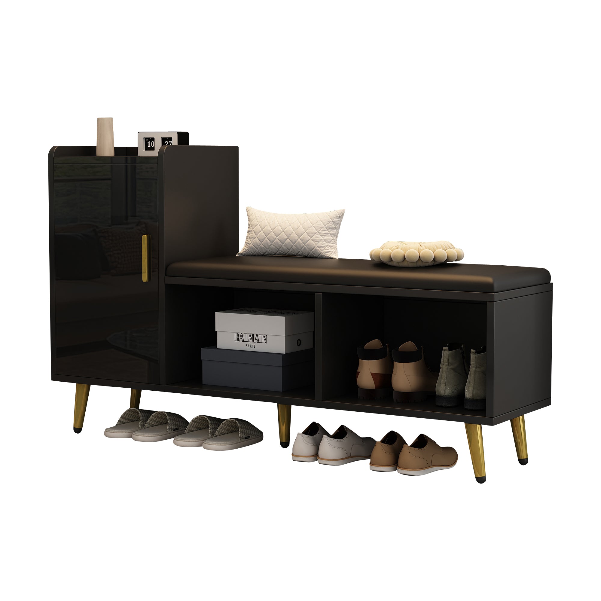 Shoe Cabinet, Multi-tiered Storage with Padded Seat & Gold Accessories, Black High Gloss