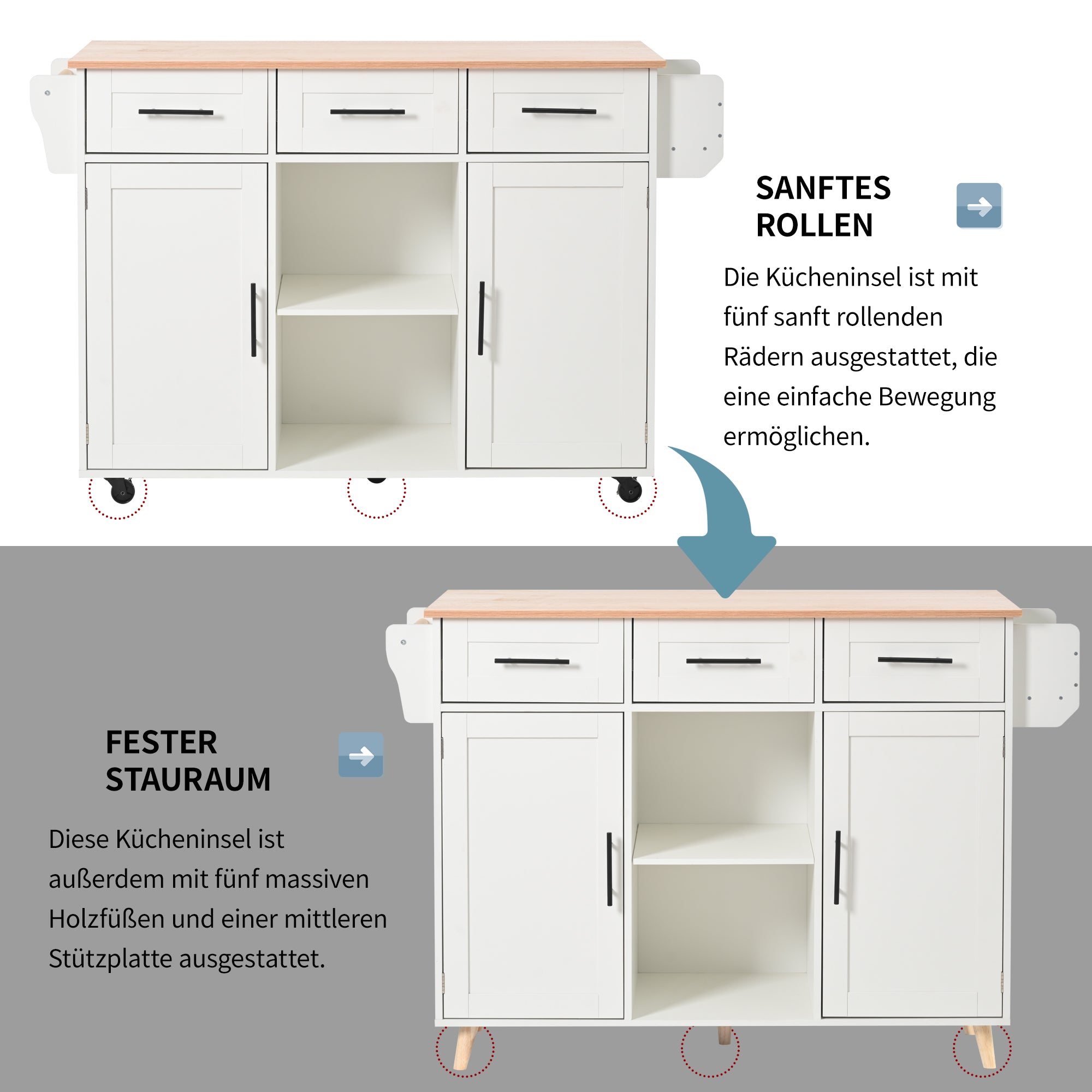 Dining Cart Sideboard 139cm Folding Worktop Storage on Wheels - White/Wood