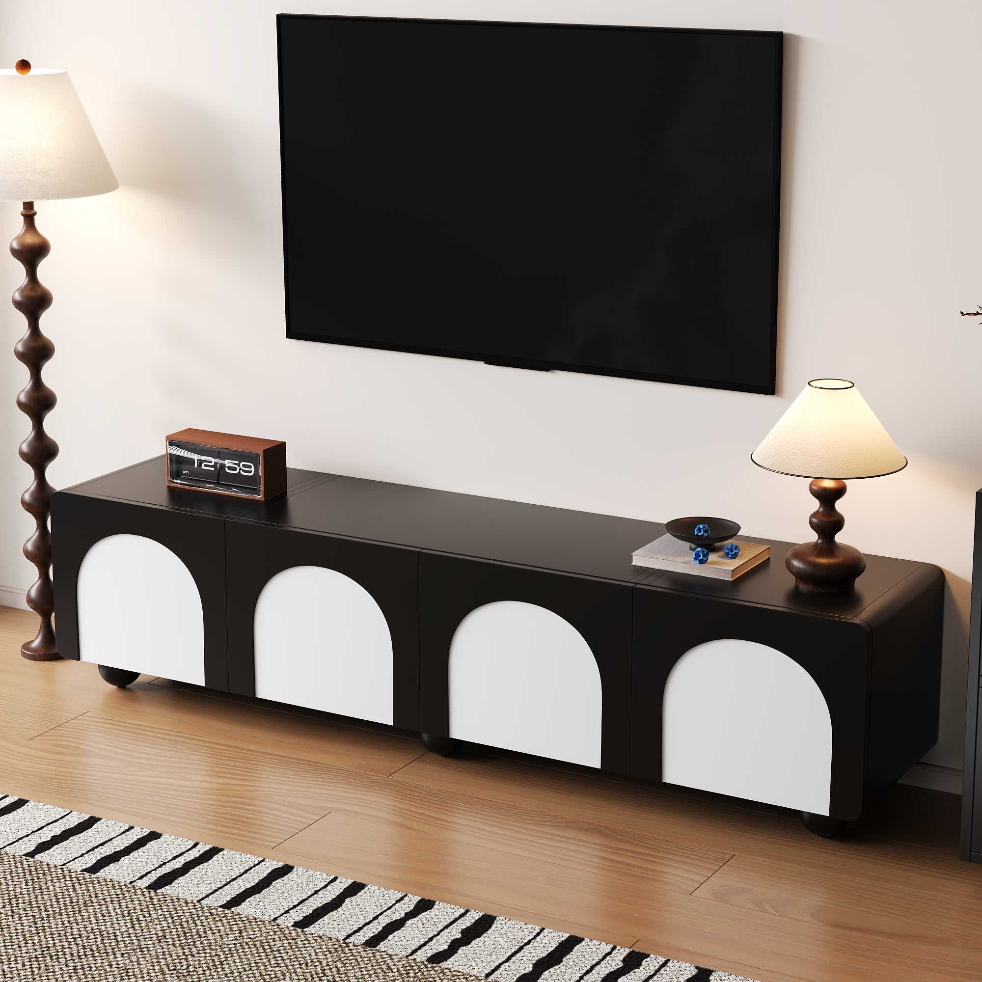 TV Cabinet with 2 Drawers, 2 Doors, Low Profile, Black and White