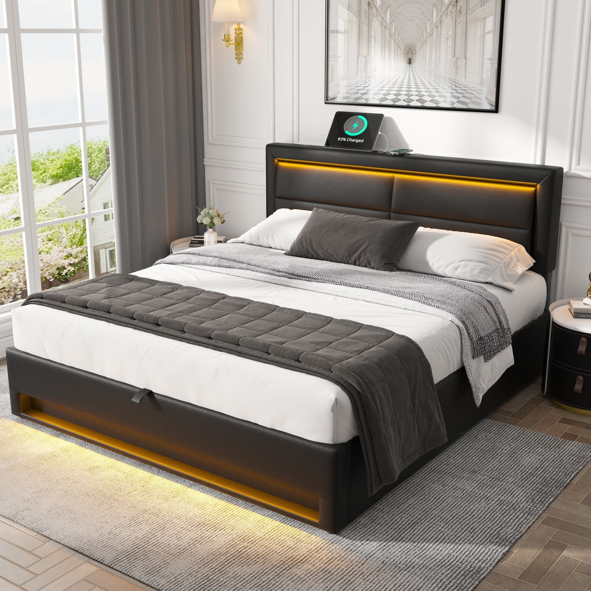 Upholstered Bed 150x200cm King Size, with USB & LED Lighting, Storage, Black PU Leather
