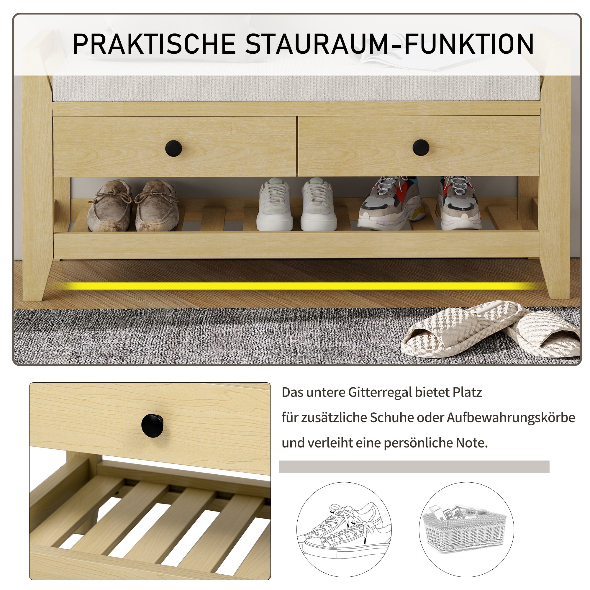 Modern Shoe Bench with Seat & Storage, Cushion, Natural