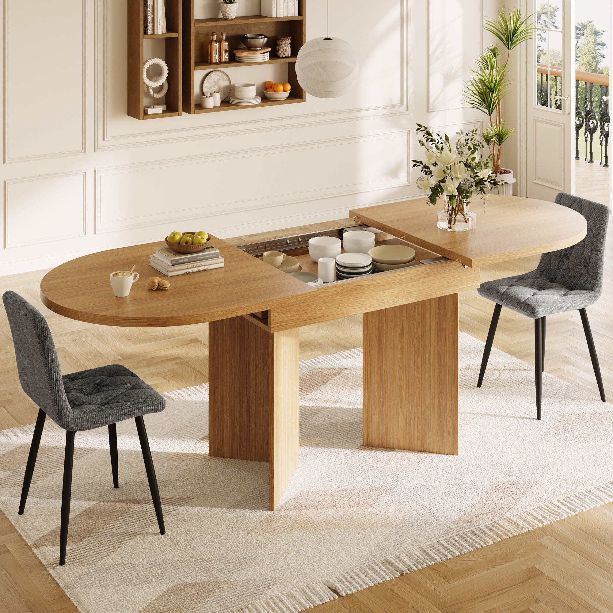 Extendable Dining Table with Internal Extension Leaves, 120-160 x 80 cm, Natural Wood
