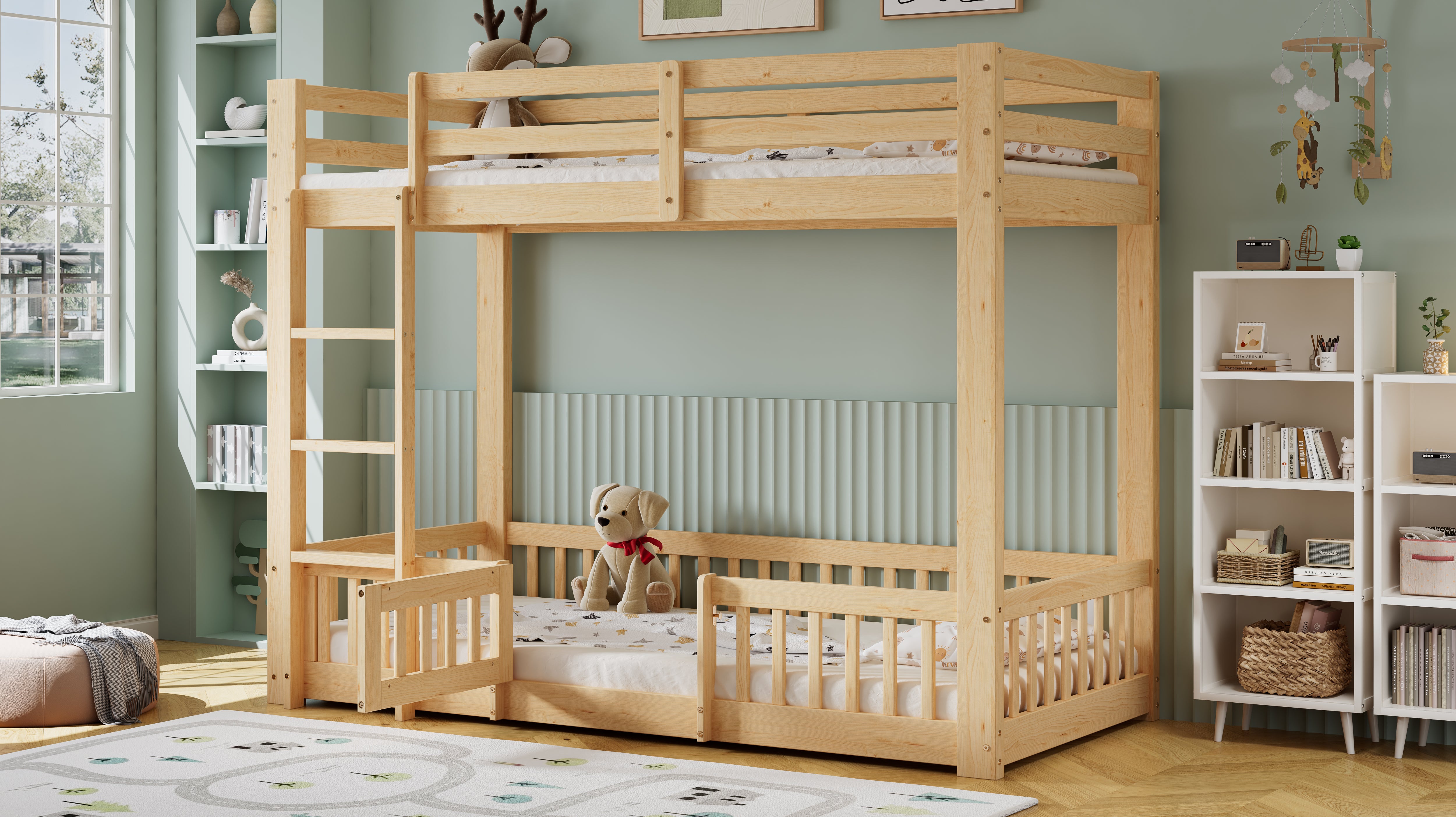 Bunk Bed, Wooden with Stairs, Railing, Fall Protection, Pine
