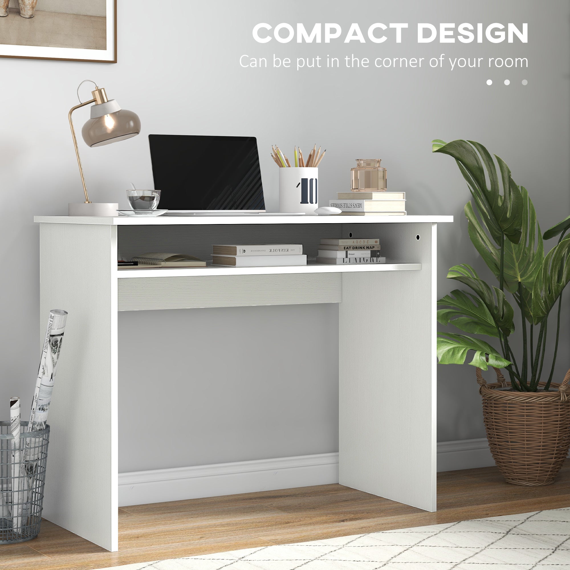 Modern Computer Desk Small Writing Desk Storage Shelf White Wood Grain