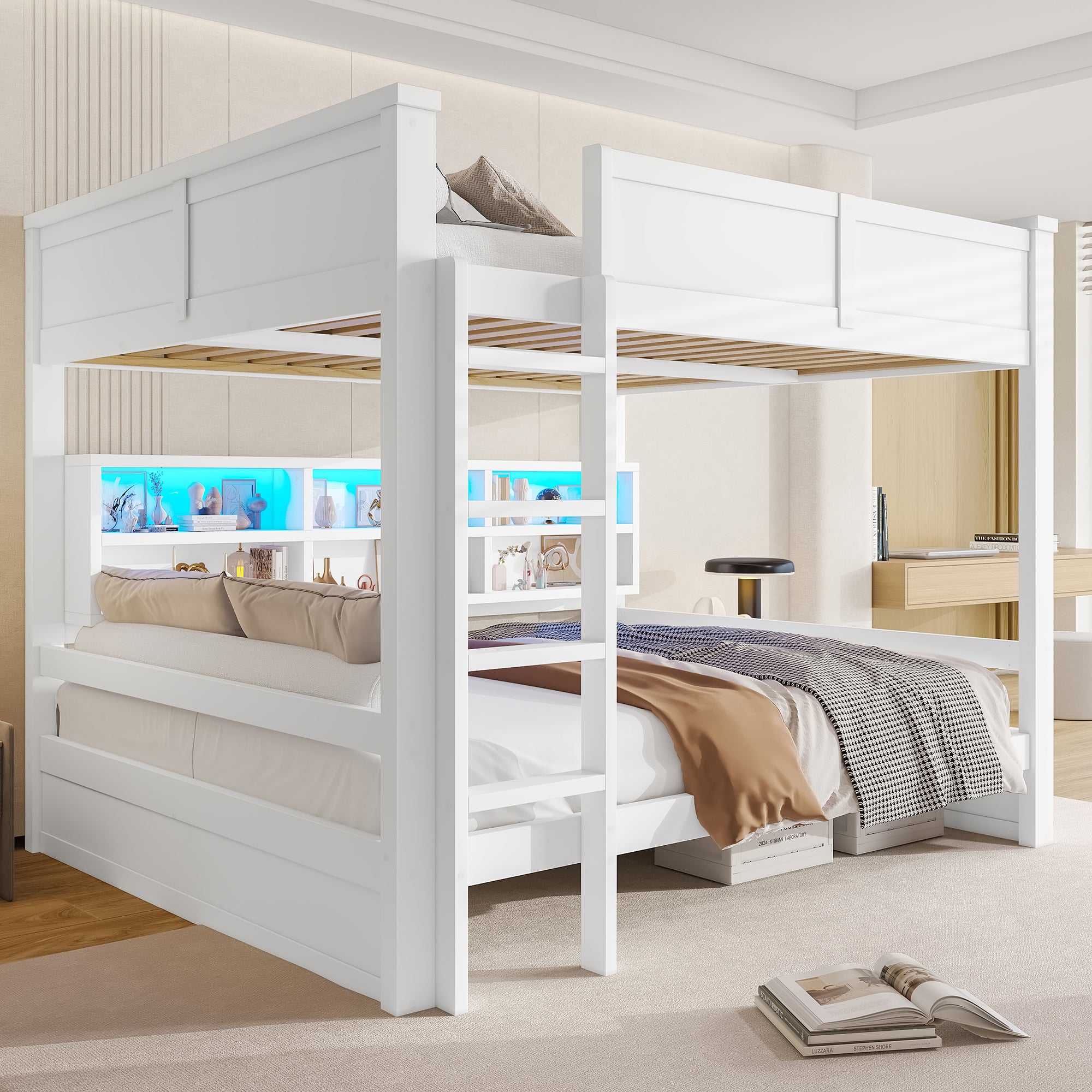 Bunk Bed 160x200 with Storage Cabinets and LED Light, White