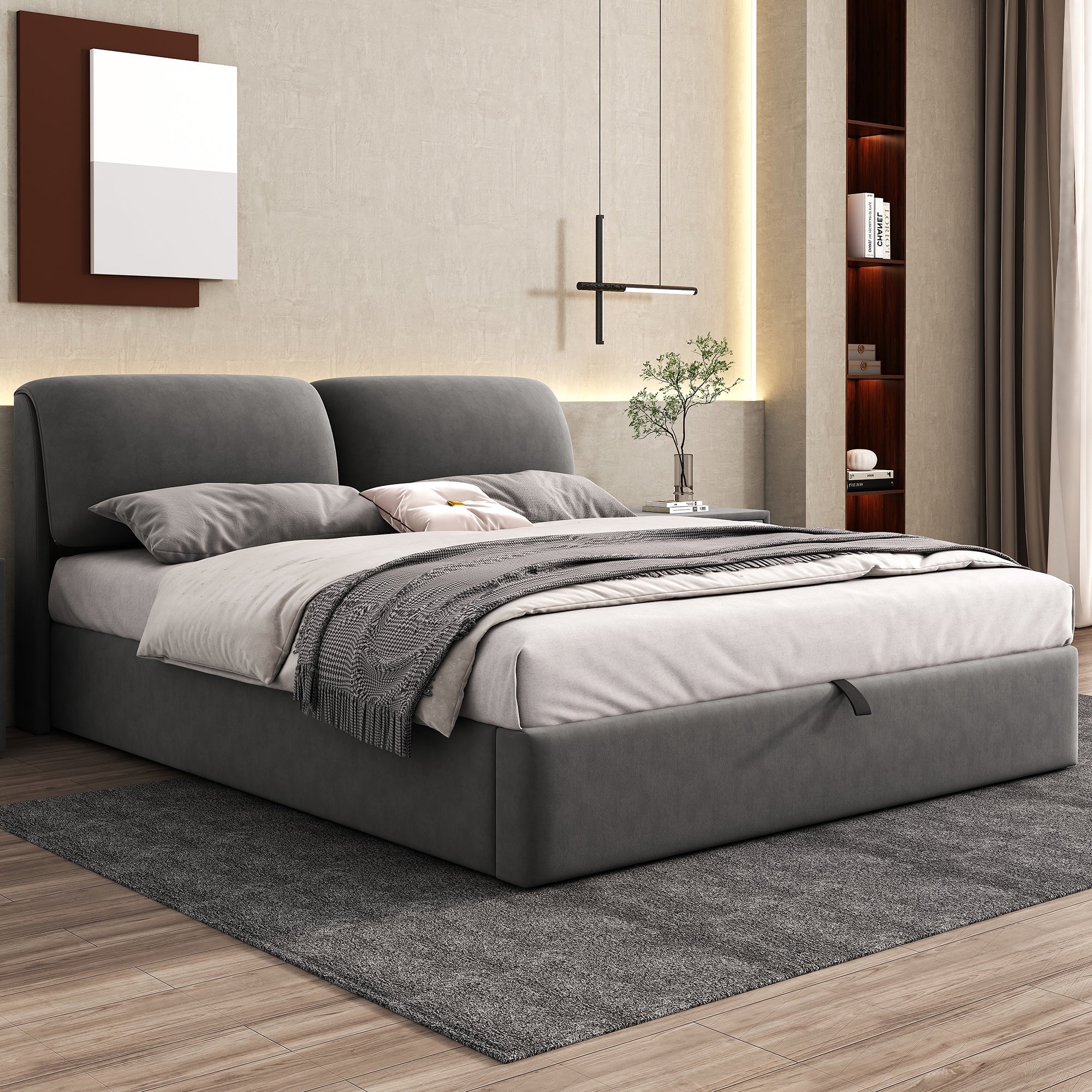 Upholstered Bed, King Size 5ft (150x200cm) with Hydraulic Lift, 3 Drawers & Storage Box, Velvet Grey