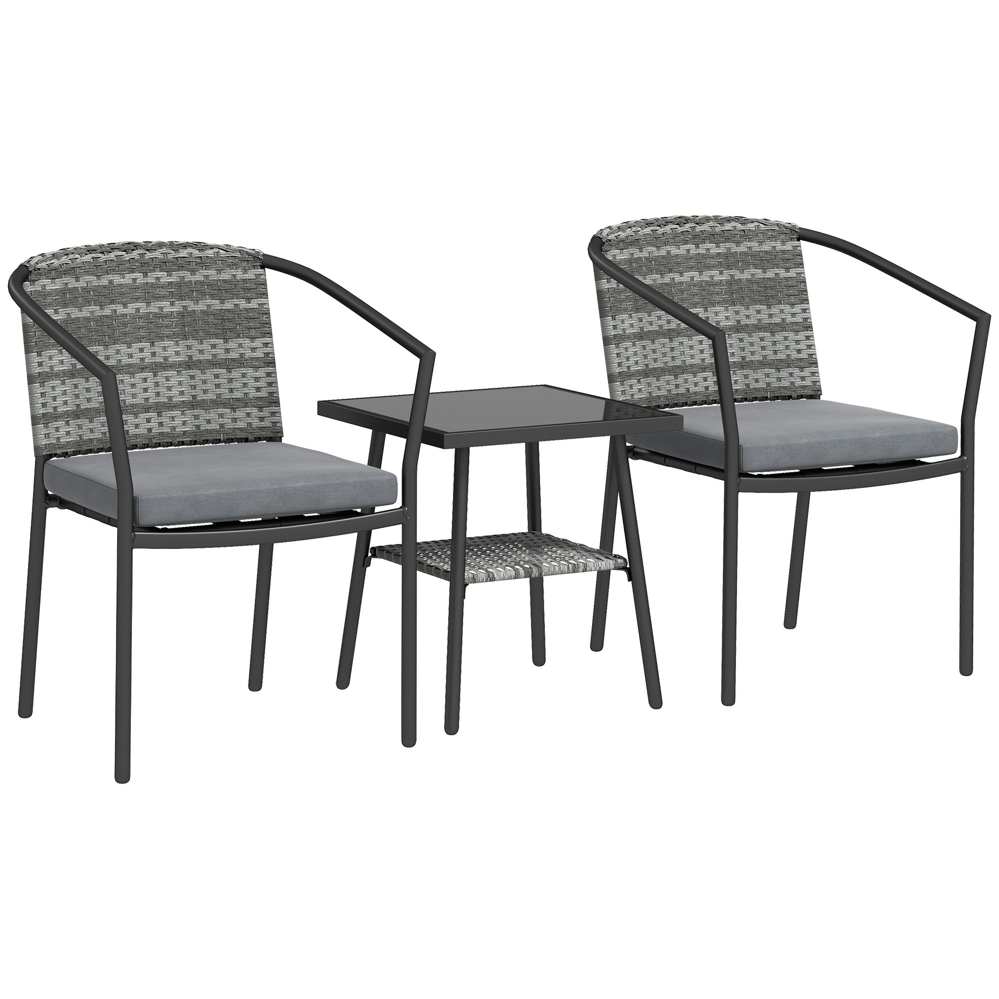 3 Pieces Bistro Set with Cushions and Glass Top Table, Wicker Rattan, Grey