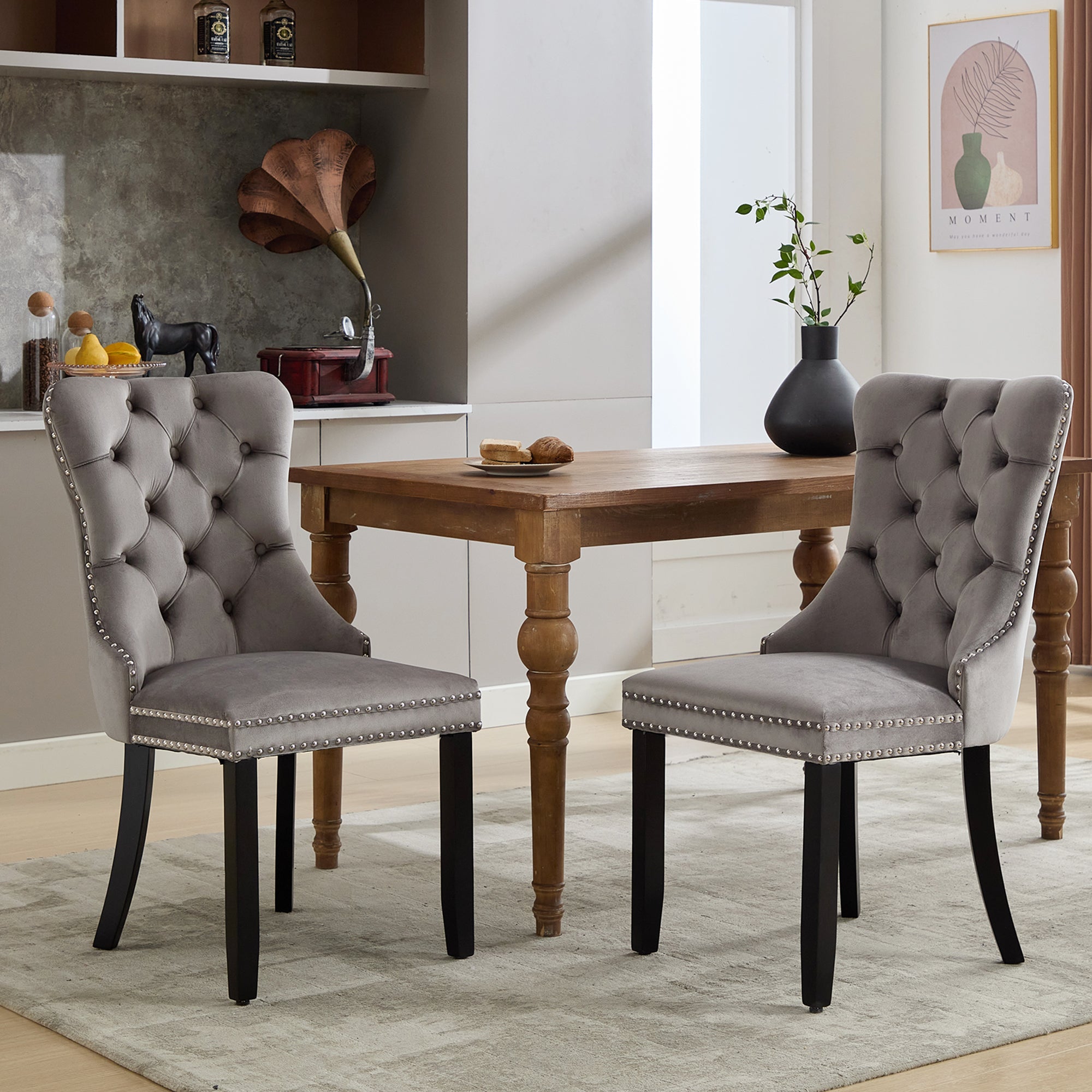 Set of 2 Modern Upholstered Velvet Dining Chairs, Button Tufted with Solid Wood Legs, Riveted Trim and Knocker Ring, Grey