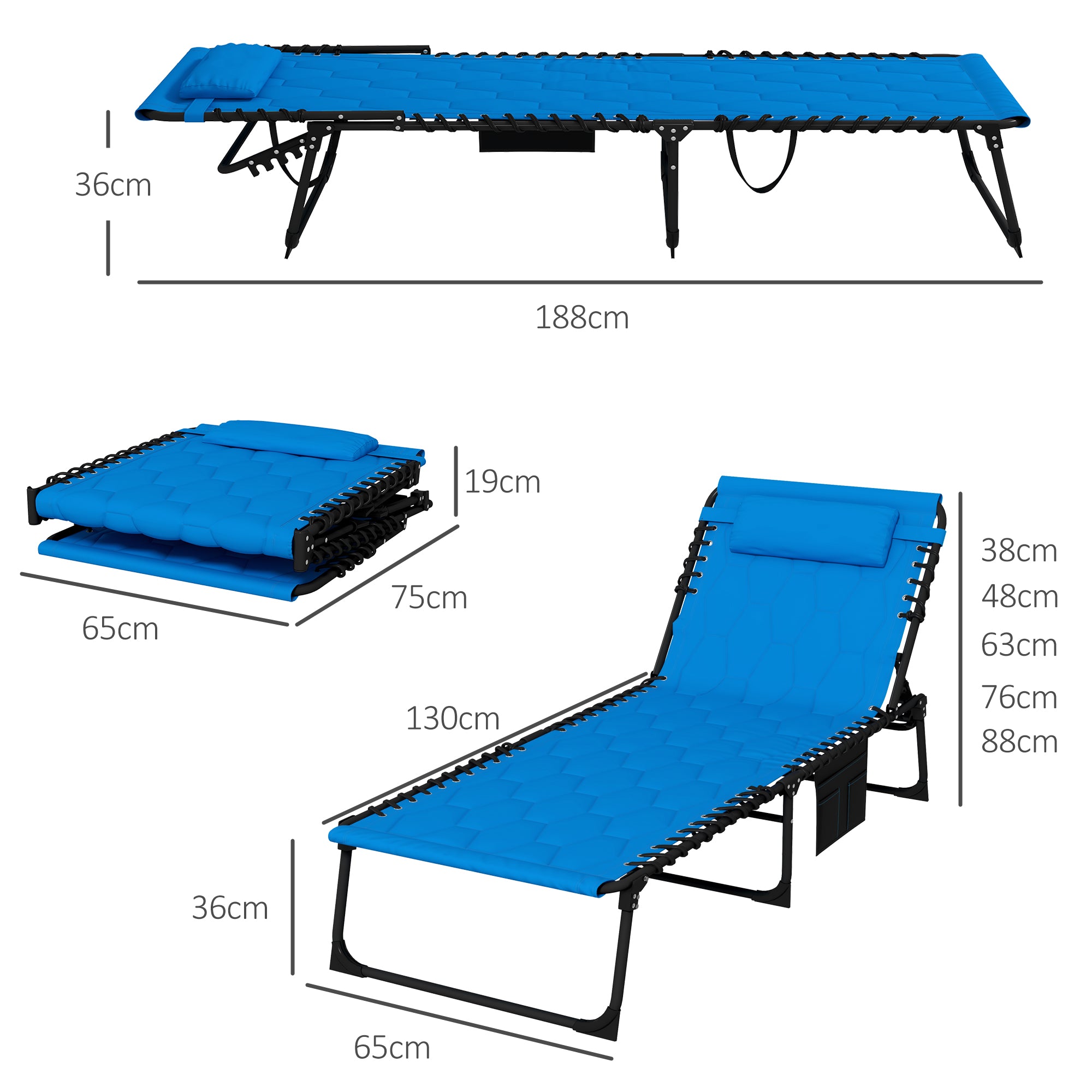 Set of Two Sun Loungers, Five-Position Reclining Backs - Blue
