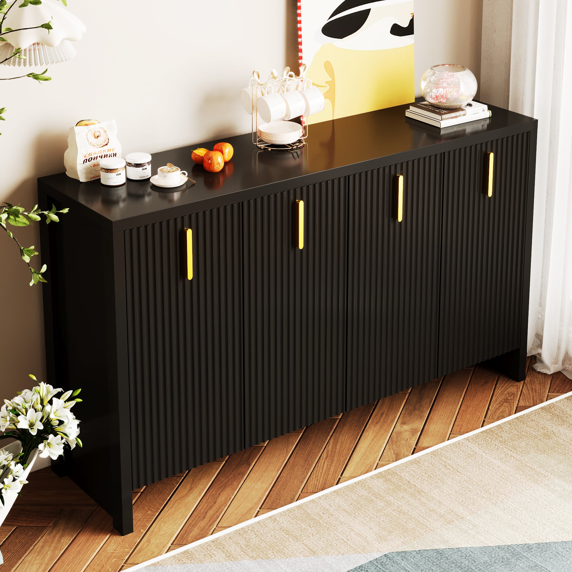 Sideboard, Minimalist with Flexible Storage, Gold Handles & Adjustable Dividers, Black