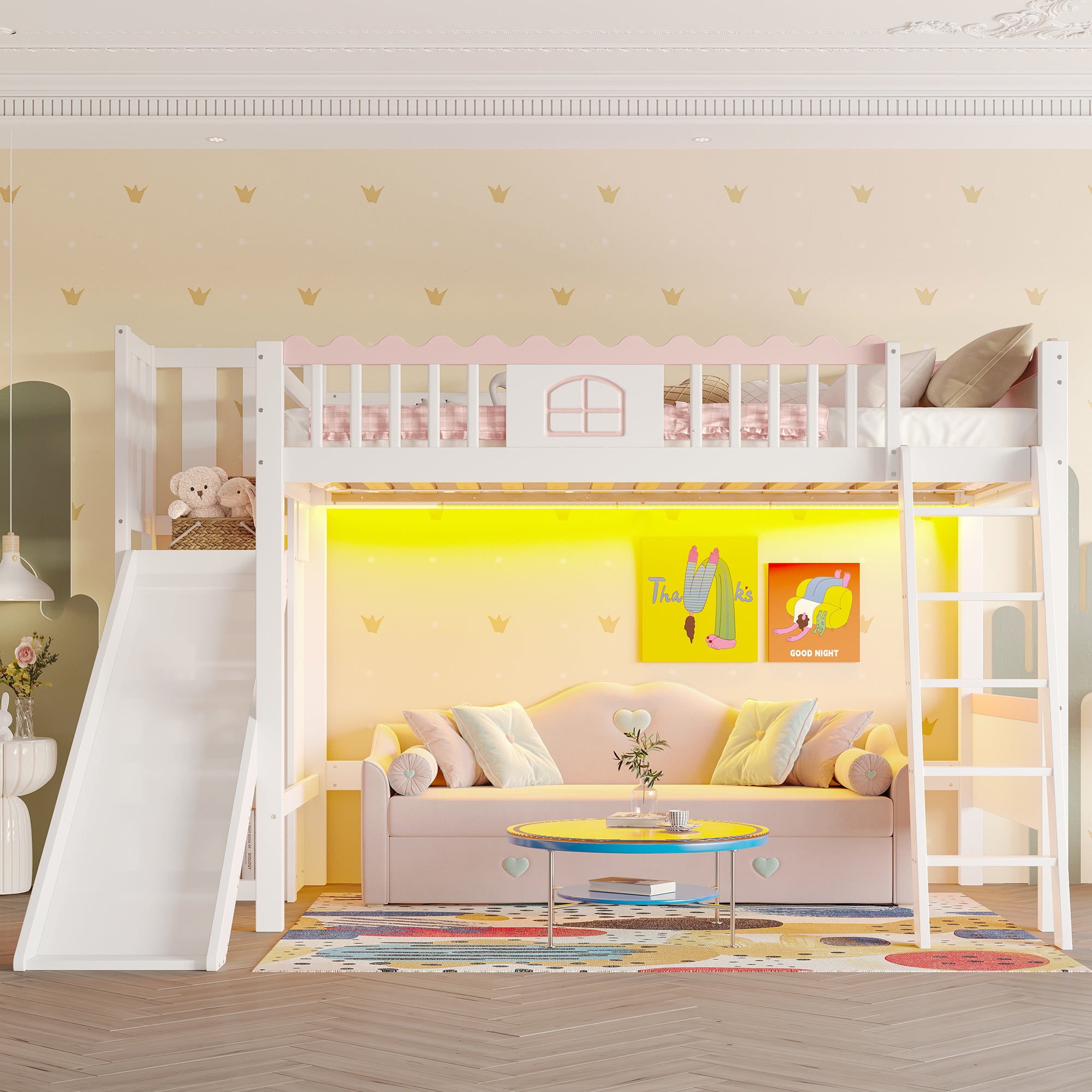 Bunk Bed 90x200cm with Slide, LED Lights, Shelves, EN747 Certified White Pine Wood