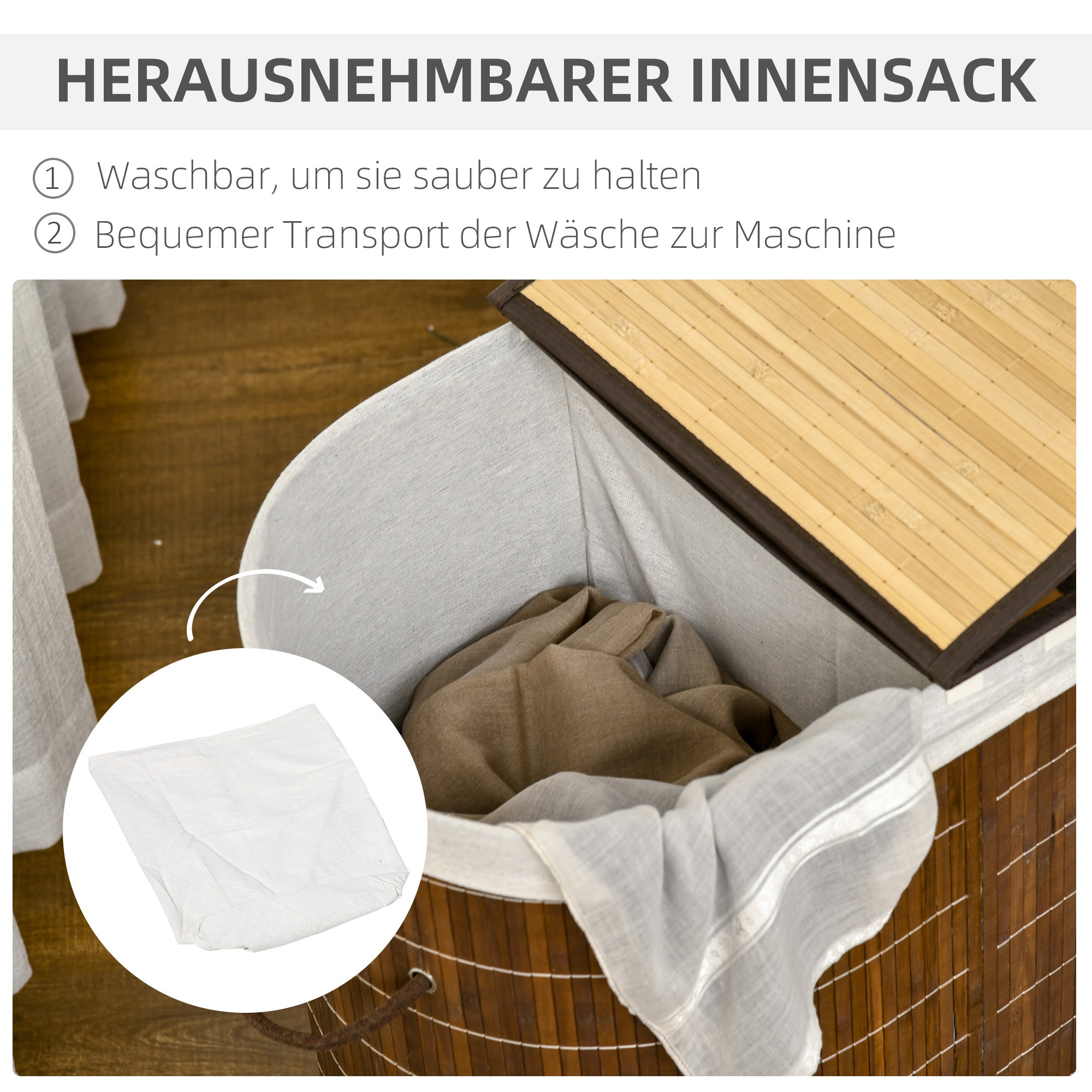Laundry Basket, 100L with Lid, 2 Bags, Bamboo