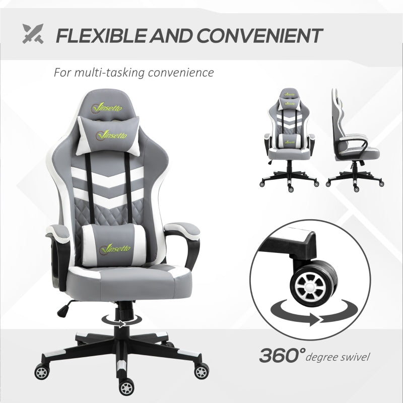Gaming Chair with Lumbar Support, Headrest, Swivel Wheels, Faux Leather Grey White