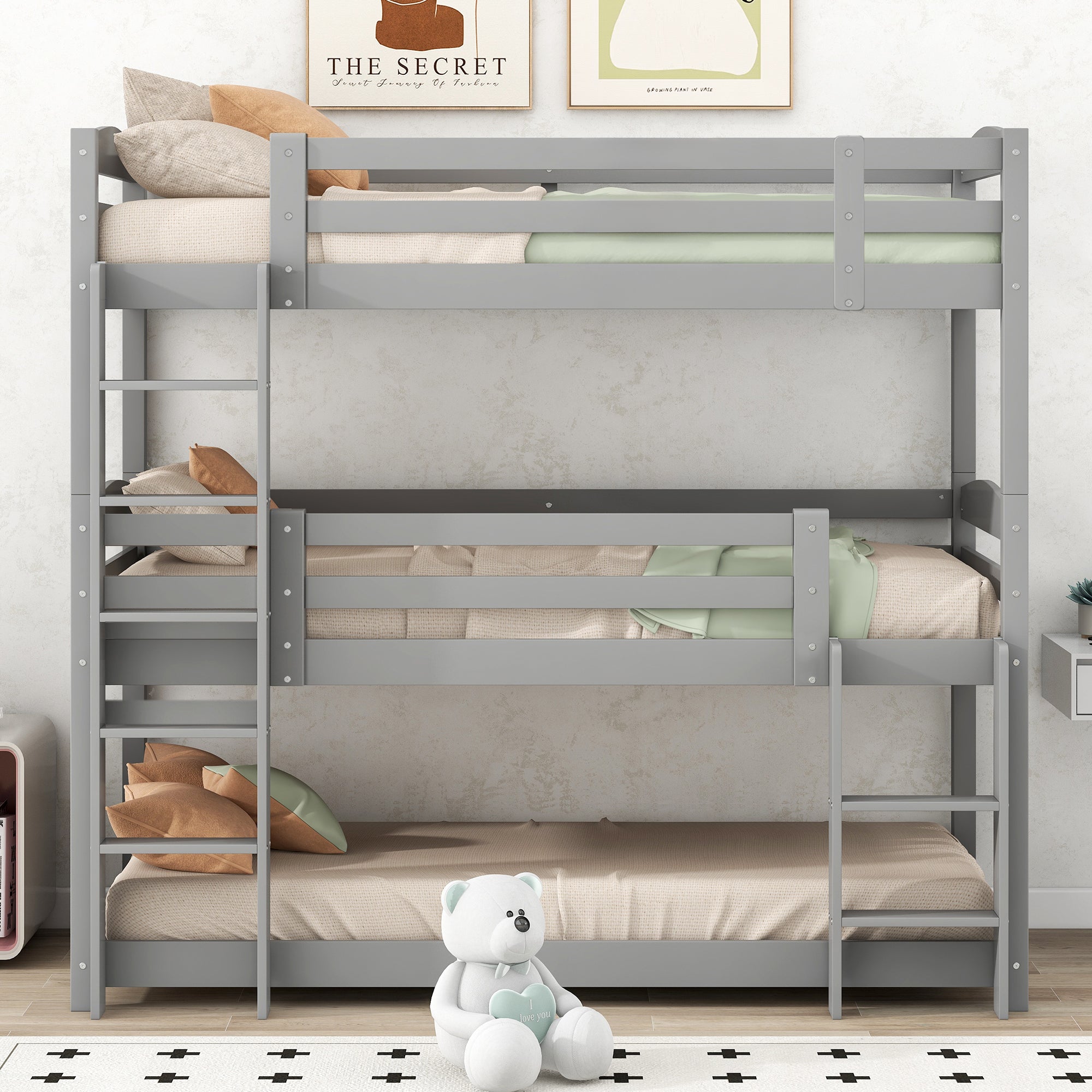 Bunk Bed 90x200cm Single Wooden Triple for Children, Grey