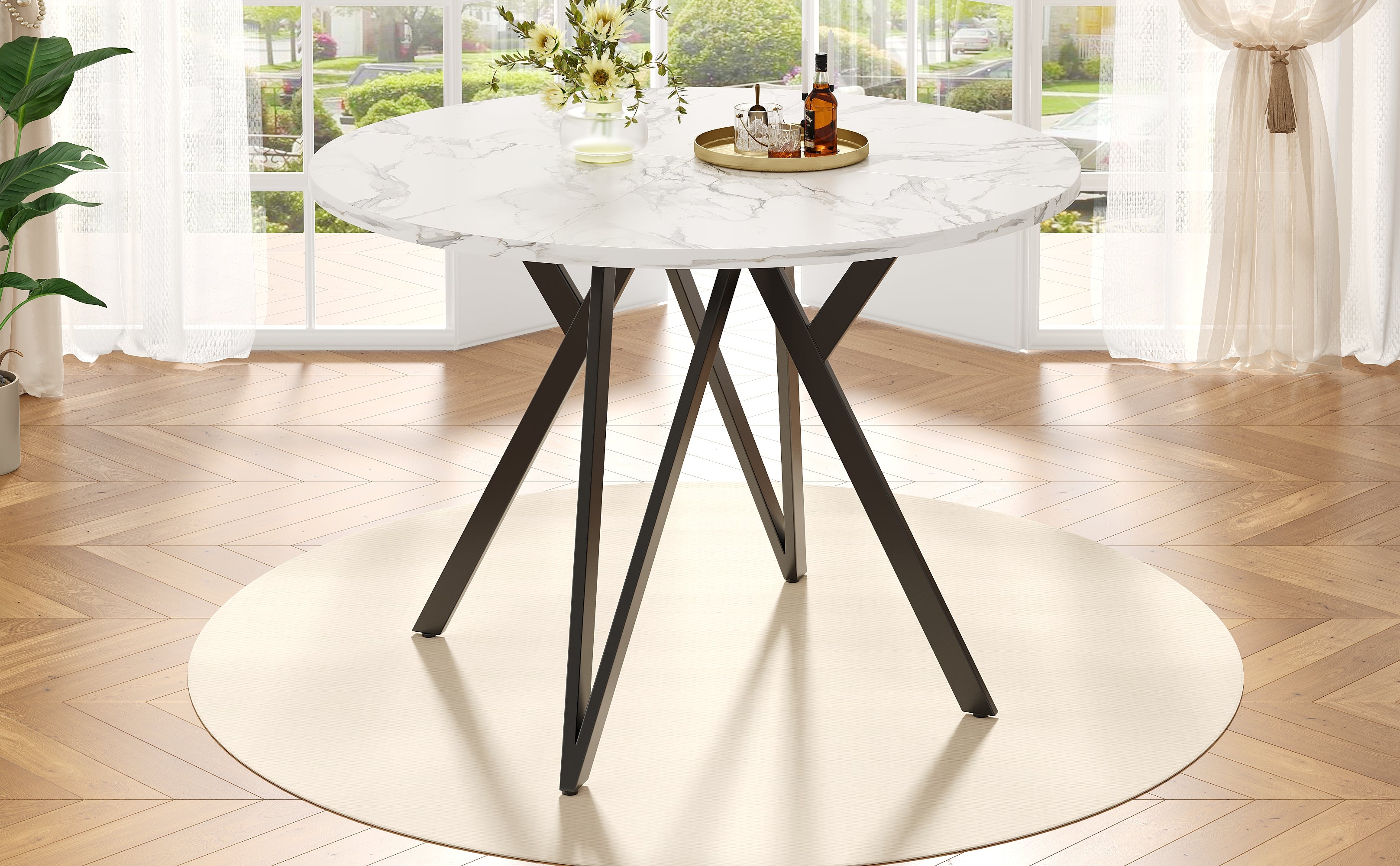 Round Dining Table 100x100cm 4-Seater Metal Legs MDF Marble Top - Black
