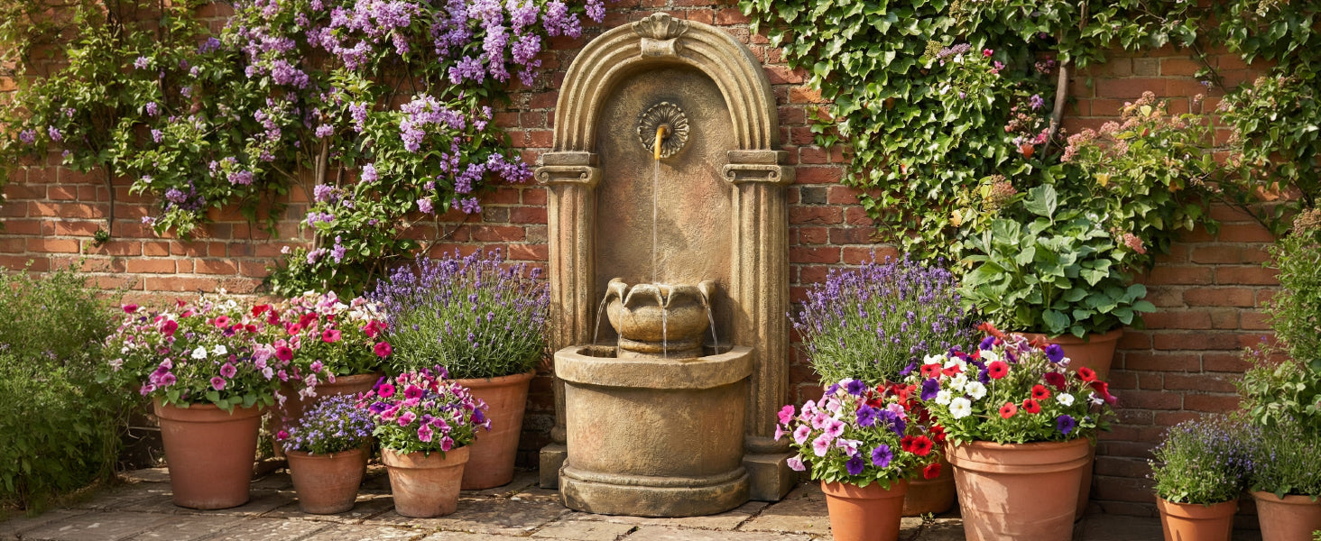 Garden Fountain with 230V Waterfall and Arched Design, Antique Style Metal