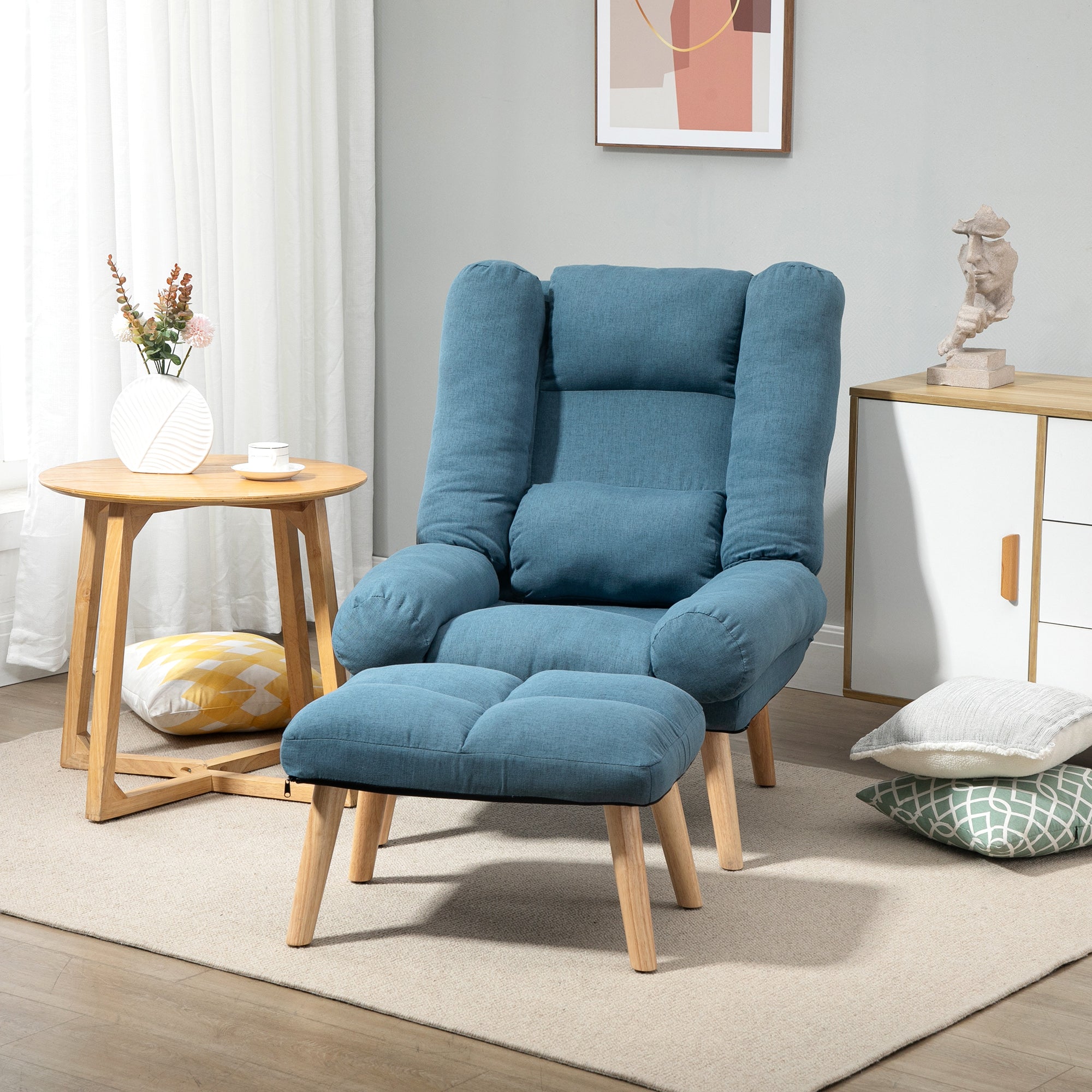 Armchair with Footstool, 180° Recliner and Ottoman, Adjustable Backrest, Wooden Legs, Blue