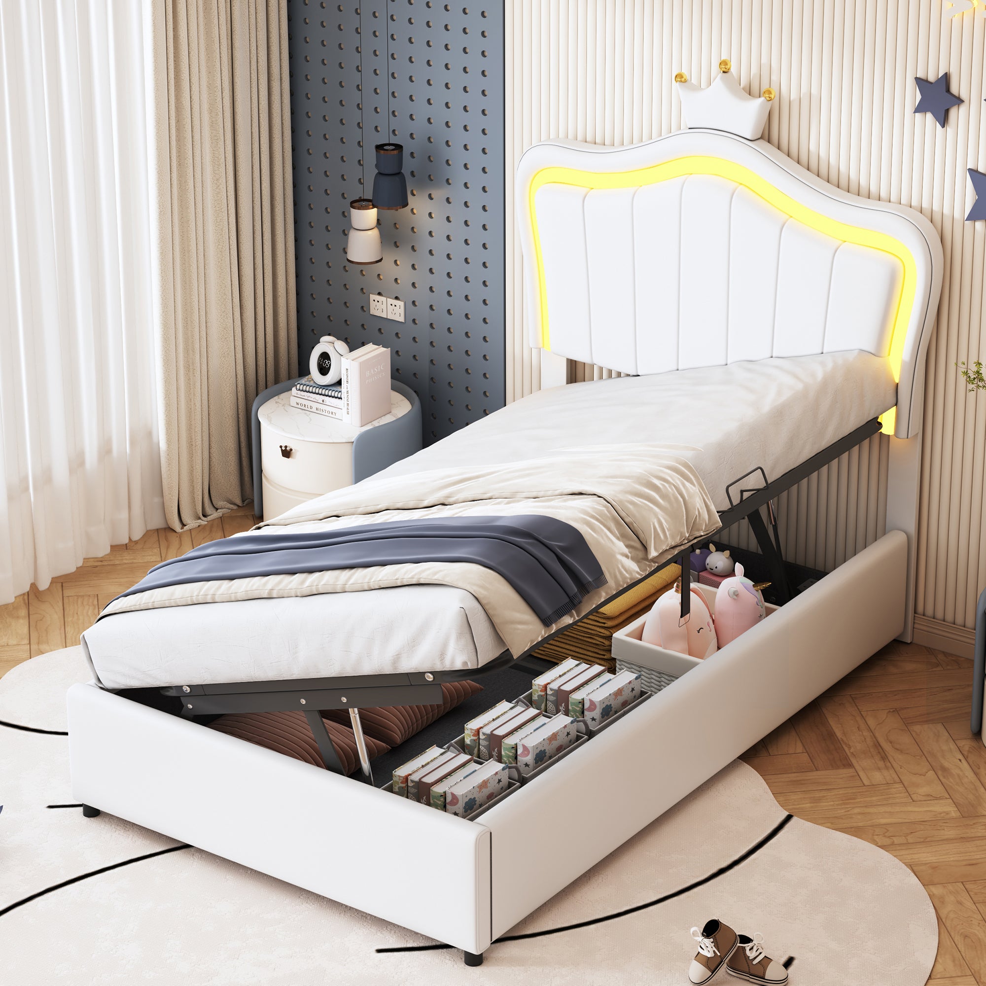 Upholstered Children's Bed 90x200 cm, Crown Design, LED Lighting, Hydraulic Storage, White Artificial Leather