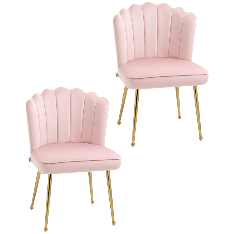 Shell Dining Chairs Set of 2, Gold Metal Legs and Backrest, Velvet Pink