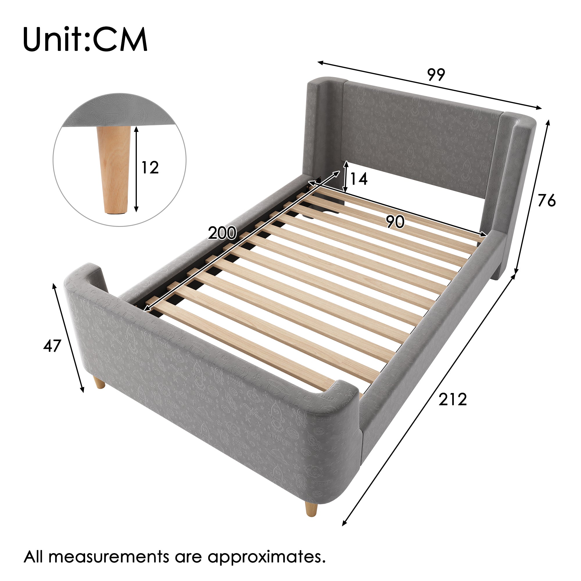 Children's Bed Upholstered Sleigh with Cosmic Pattern, 90x200cm, Grey Velvet