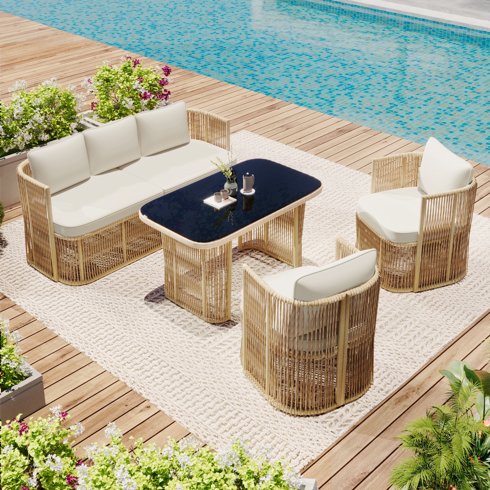 4-Piece Garden Furniture Set with 3-Seater Sofa, 2 Armchairs and Glass Table, PE Rattan and Steel