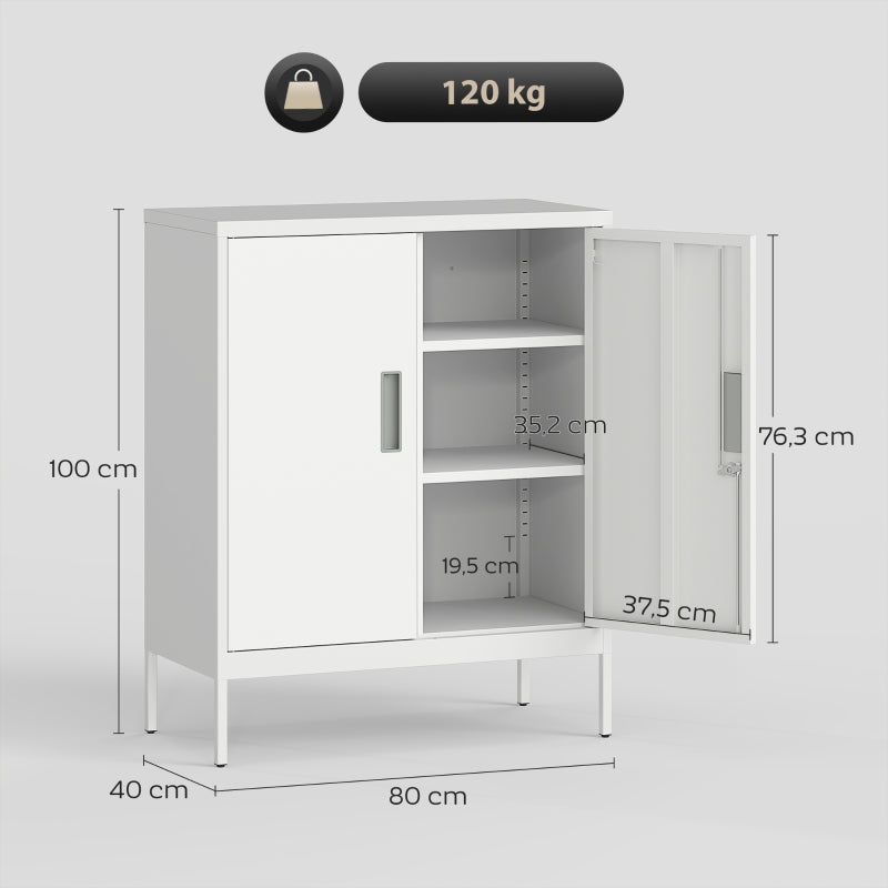Lockable Steel Cabinet with 2 Doors and Adjustable Shelves, White