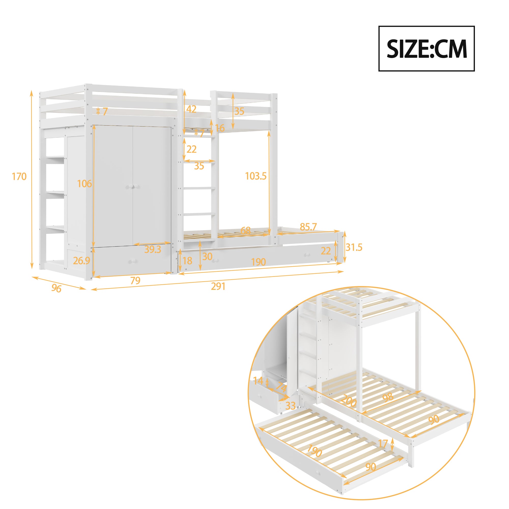 Bunk Bed 90x200 with Pull-Out Bed & Storage, Solid Wood, White