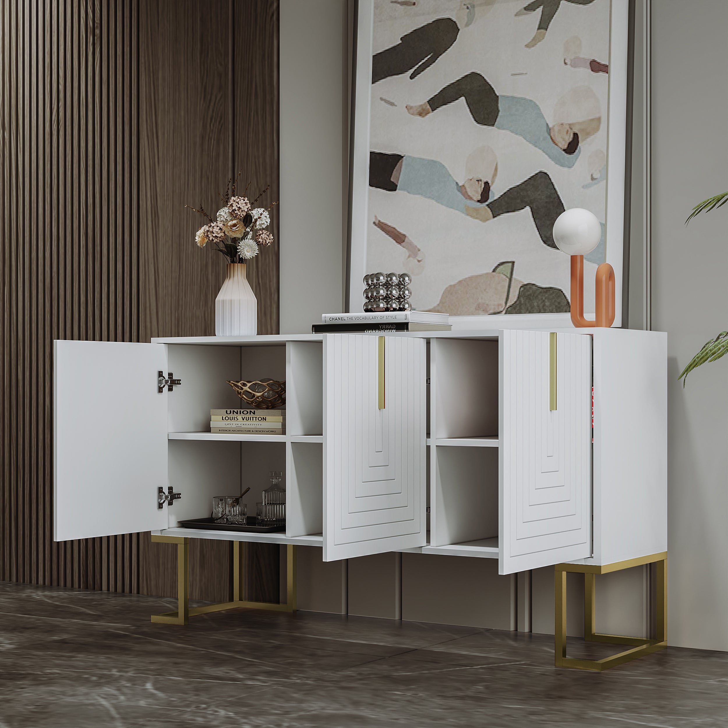 Sideboard, 3-Door with Adjustable Shelves, U-Shaped Cabinet Doors, Metal Handles, White