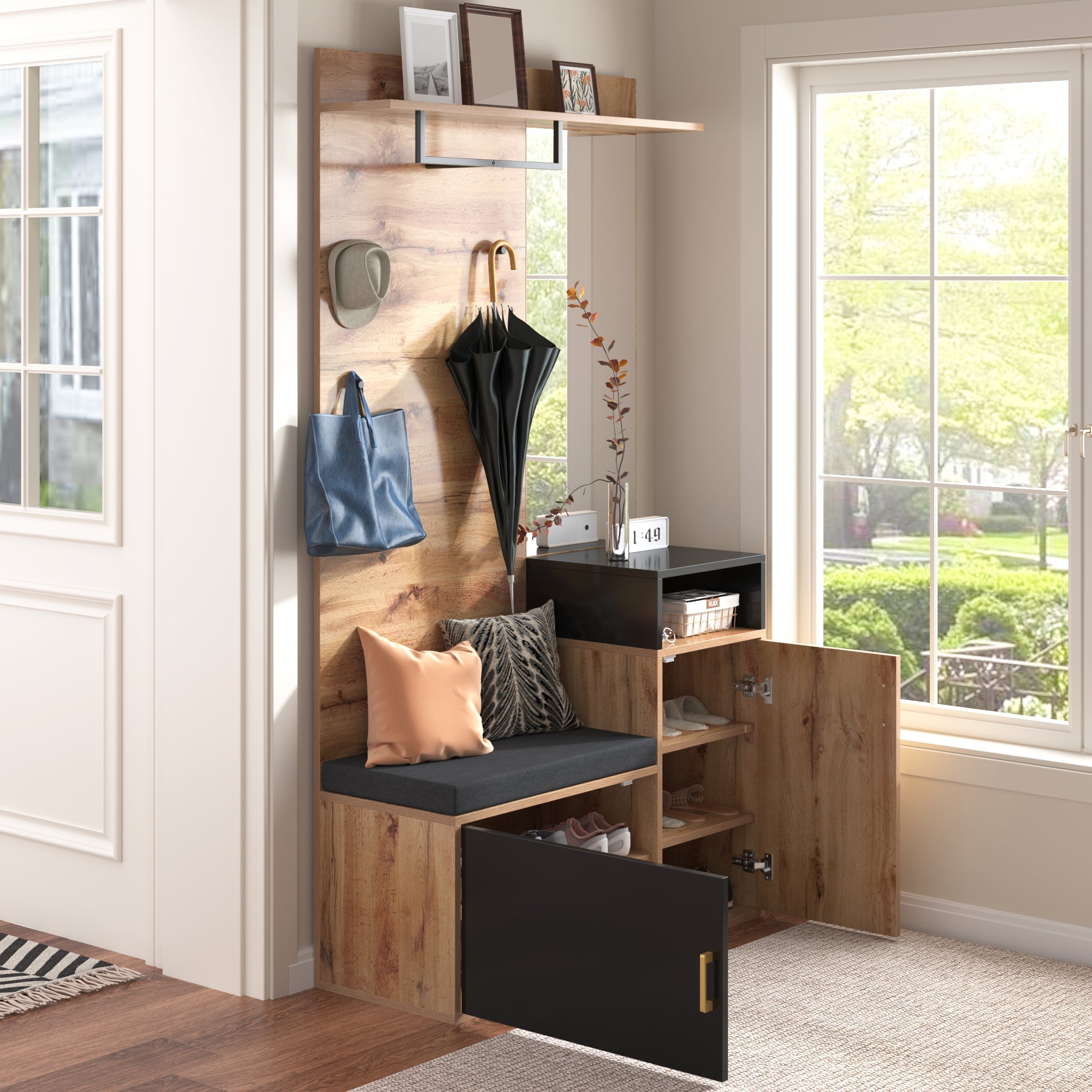 Wardrobe Set, with 4 coat hooks, mirror, shoe cabinet, wall-mounted coat rack, upper storage shelf, hallway wardrobe with bench seat.