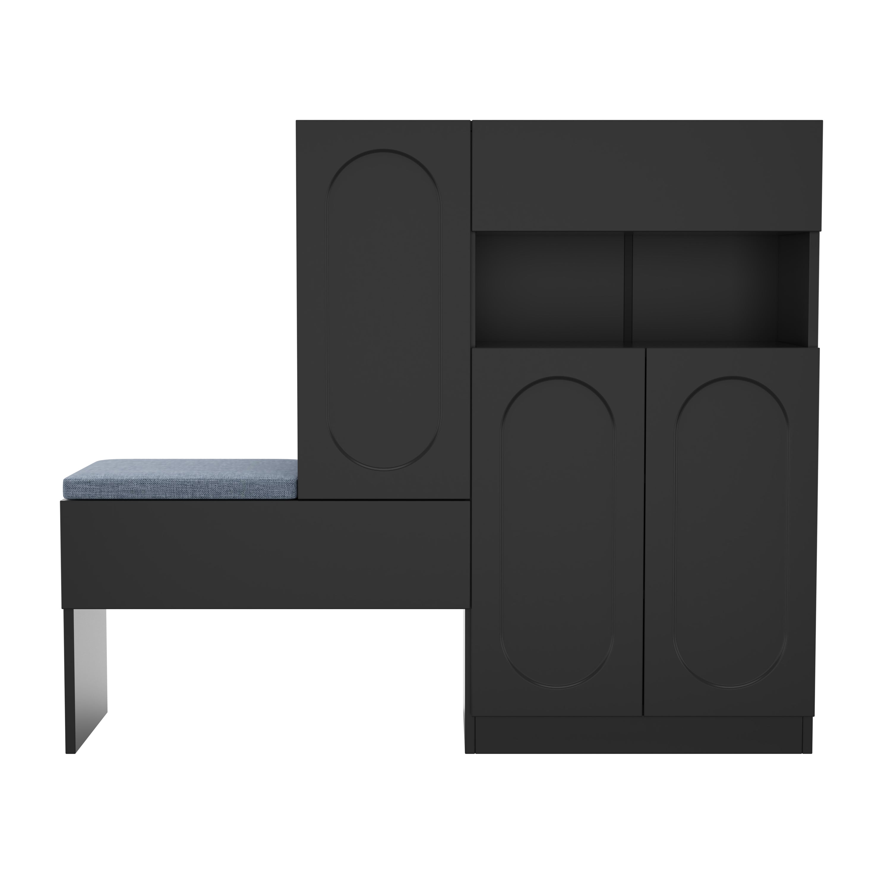 Trendy 2-in-1 Shoe Cabinet with Curved Doors, Soft-Close, Adjustable, Upholstered Bench, Black