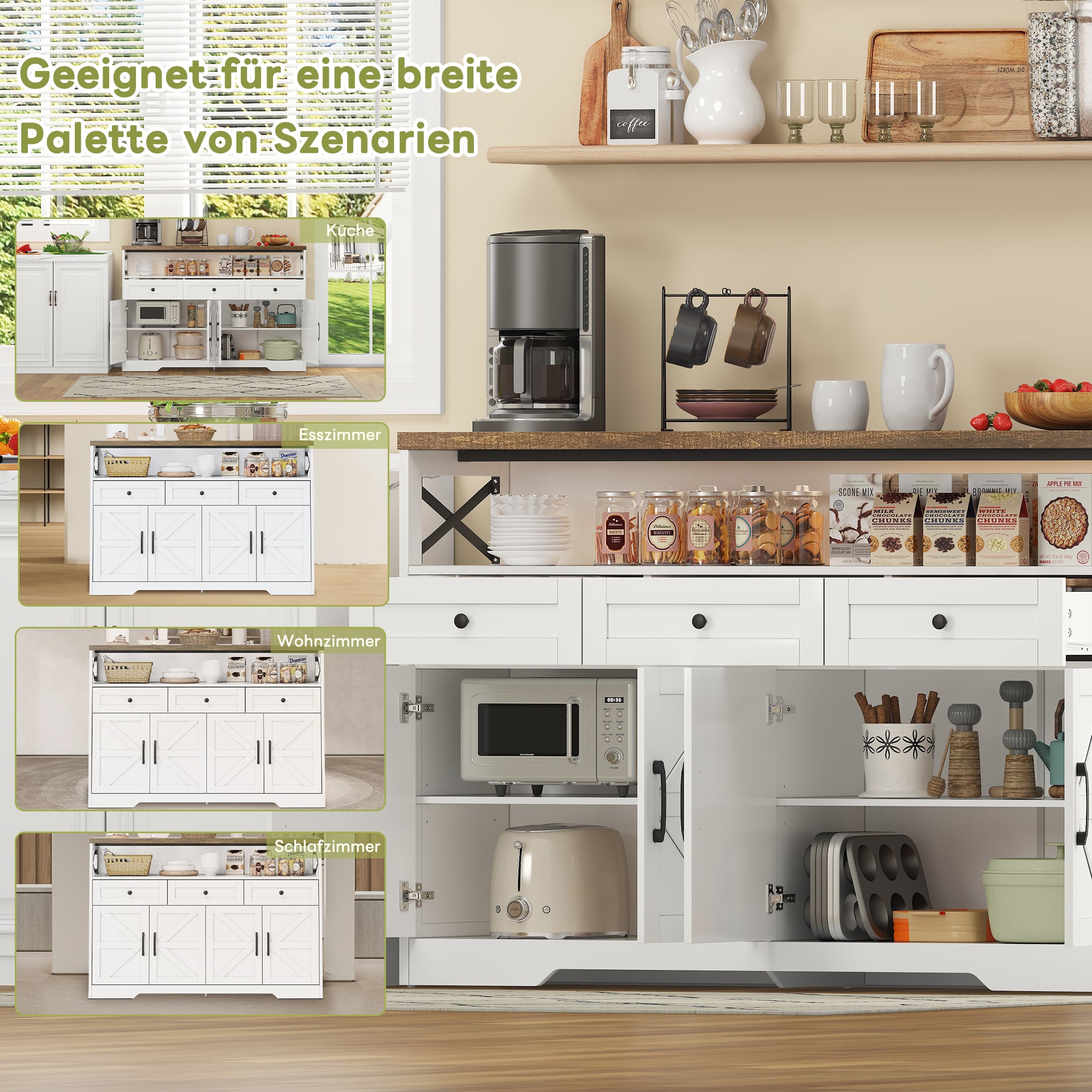 Buffet Sideboard 140cm 3 Drawers Shelves Storage Country Style - White/Brown