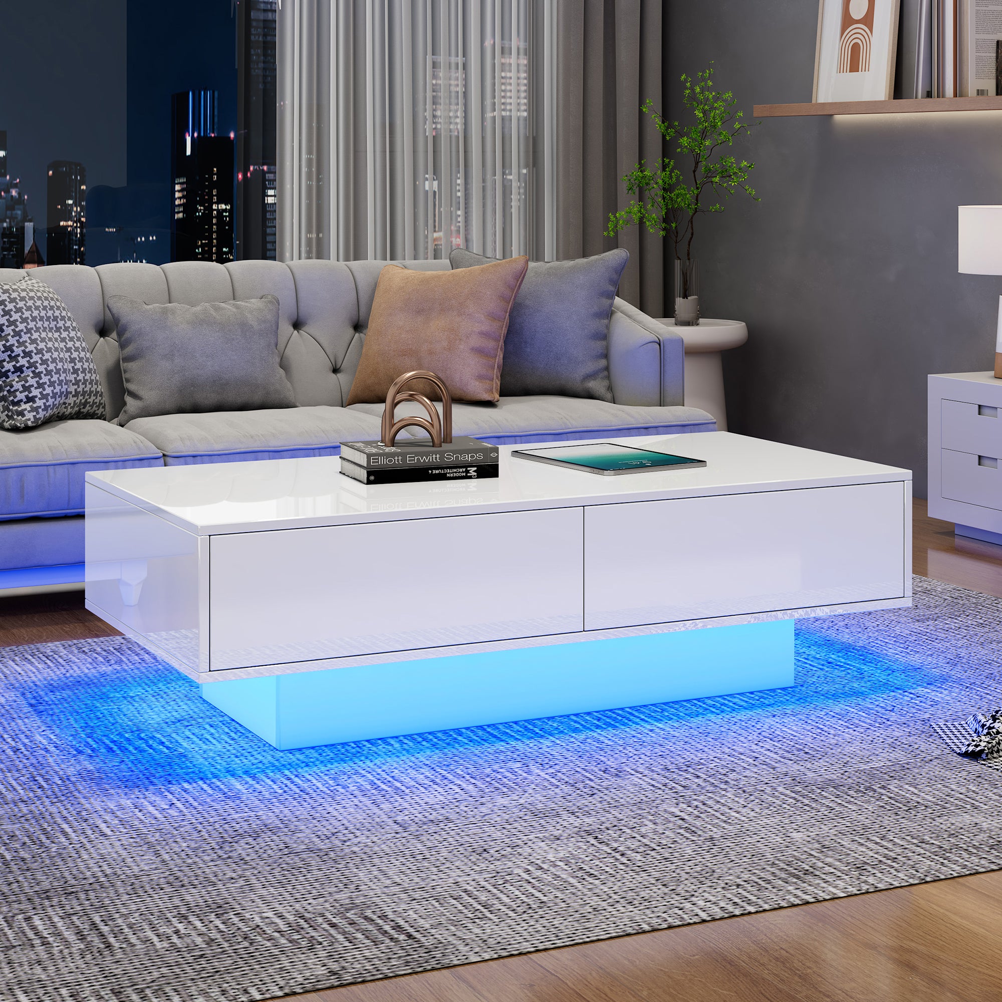 Coffee Table, Modern High-Gloss with 2 Drawers, LED Lighting, White
