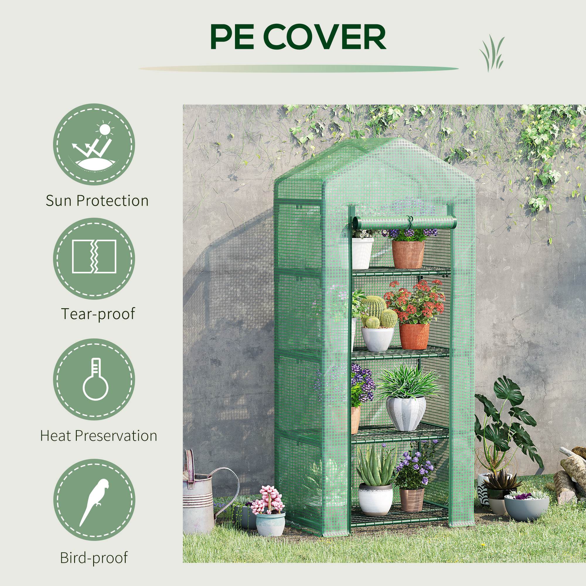 4 Tier Mini Greenhouse, Portable Steel Frame Roll-up Door PE Cover, Green