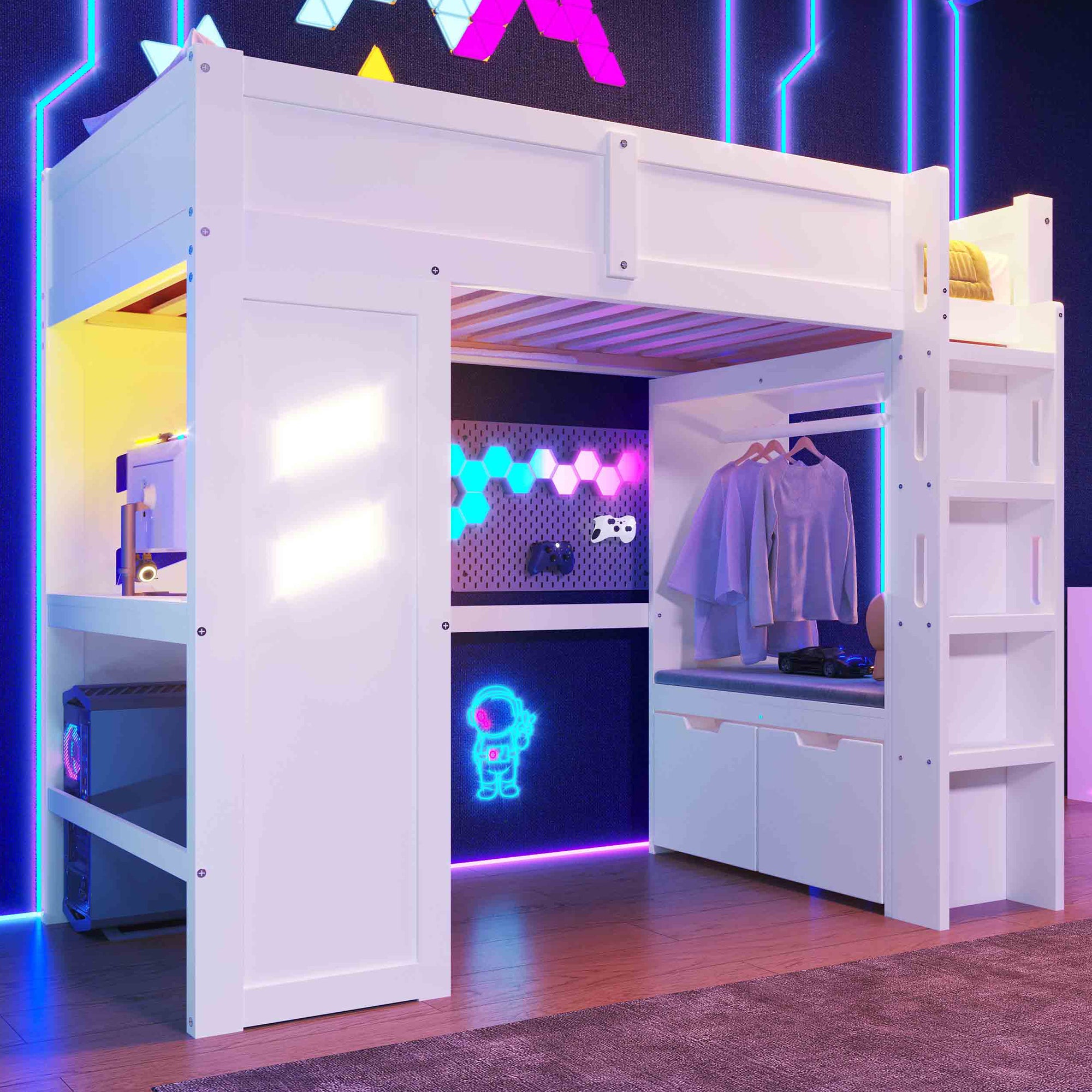 Loft Bed 90x200cm Gaming Desk LED Lights USB/Type-C, White
