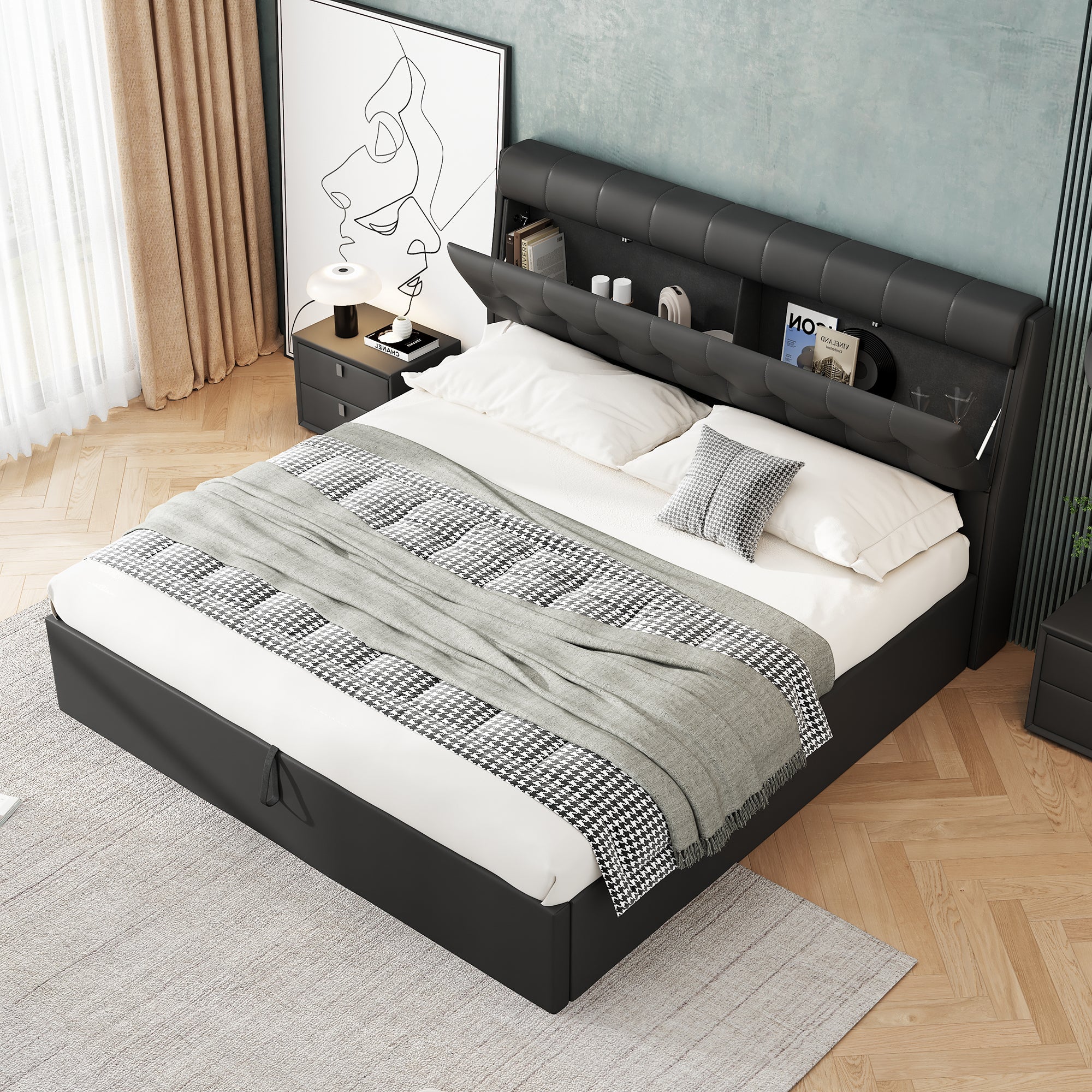 Fashion Upholstered Bed, Double Hydraulic with Storage and Slats, Black PU