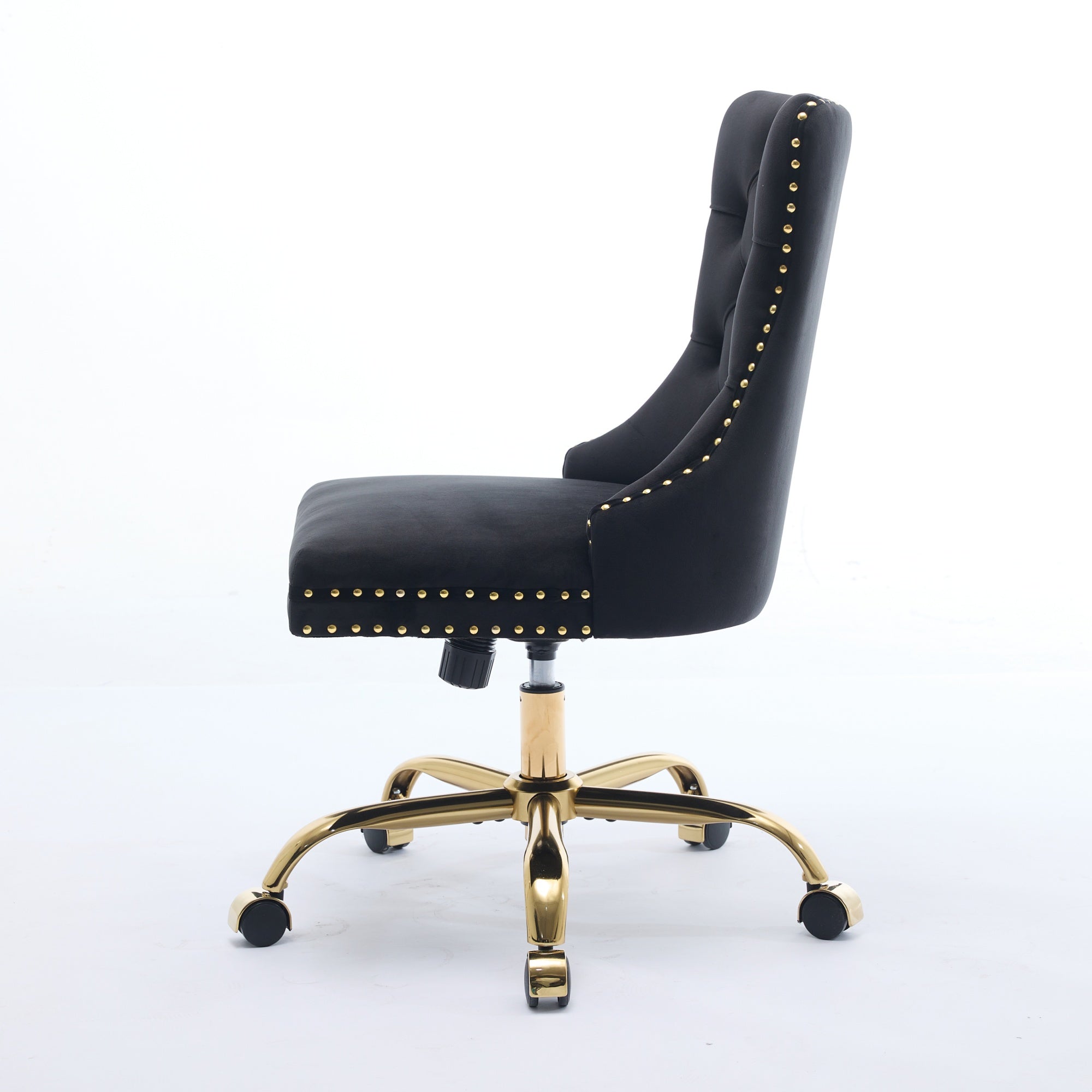 Home Office Chair Velvet Upholstered Tufted Swivel Adjustable Golden Base - Black