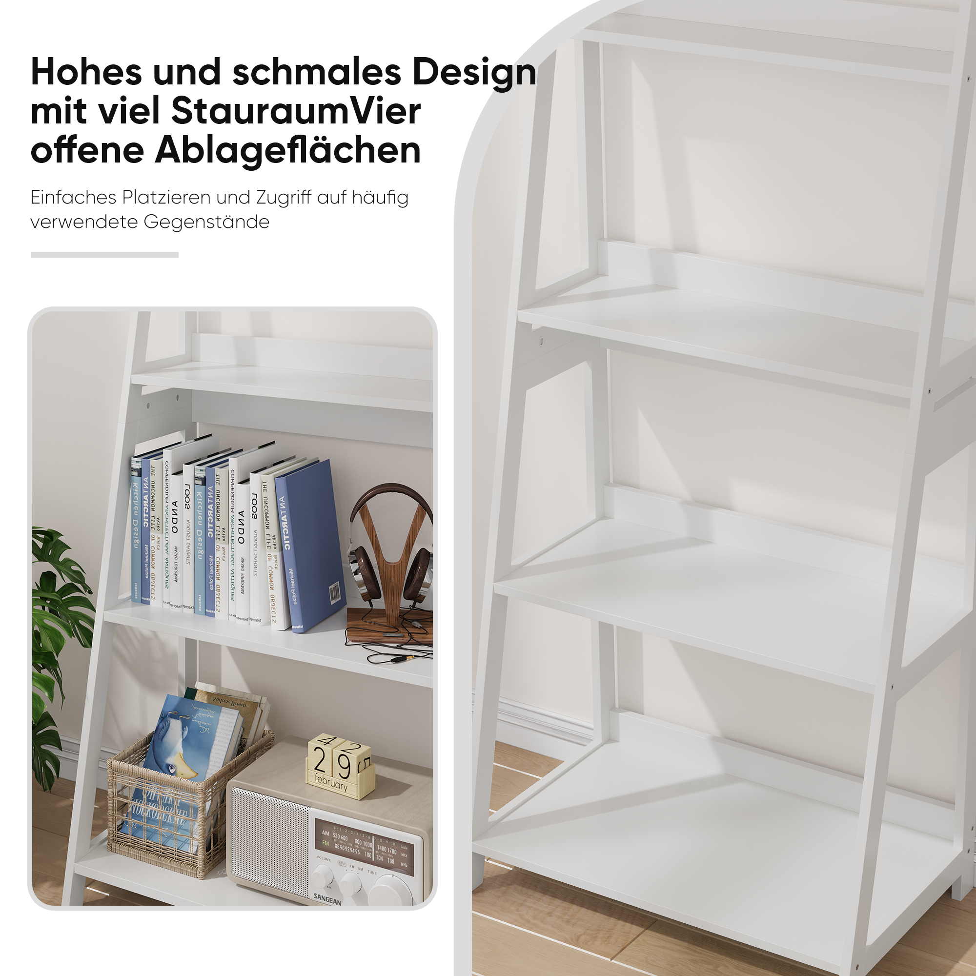 Ladder Bookshelf Display Stand, 4-Tier Bookcase, Bathroom Storage, White