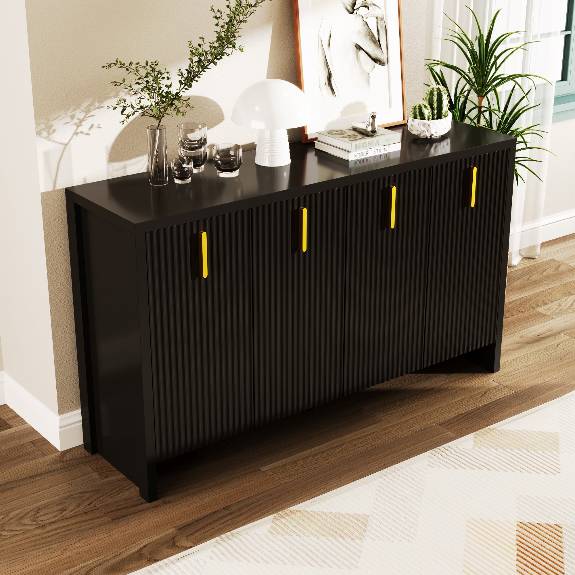 Sideboard, Minimalist with Flexible Storage, Gold Handles & Adjustable Dividers, Black