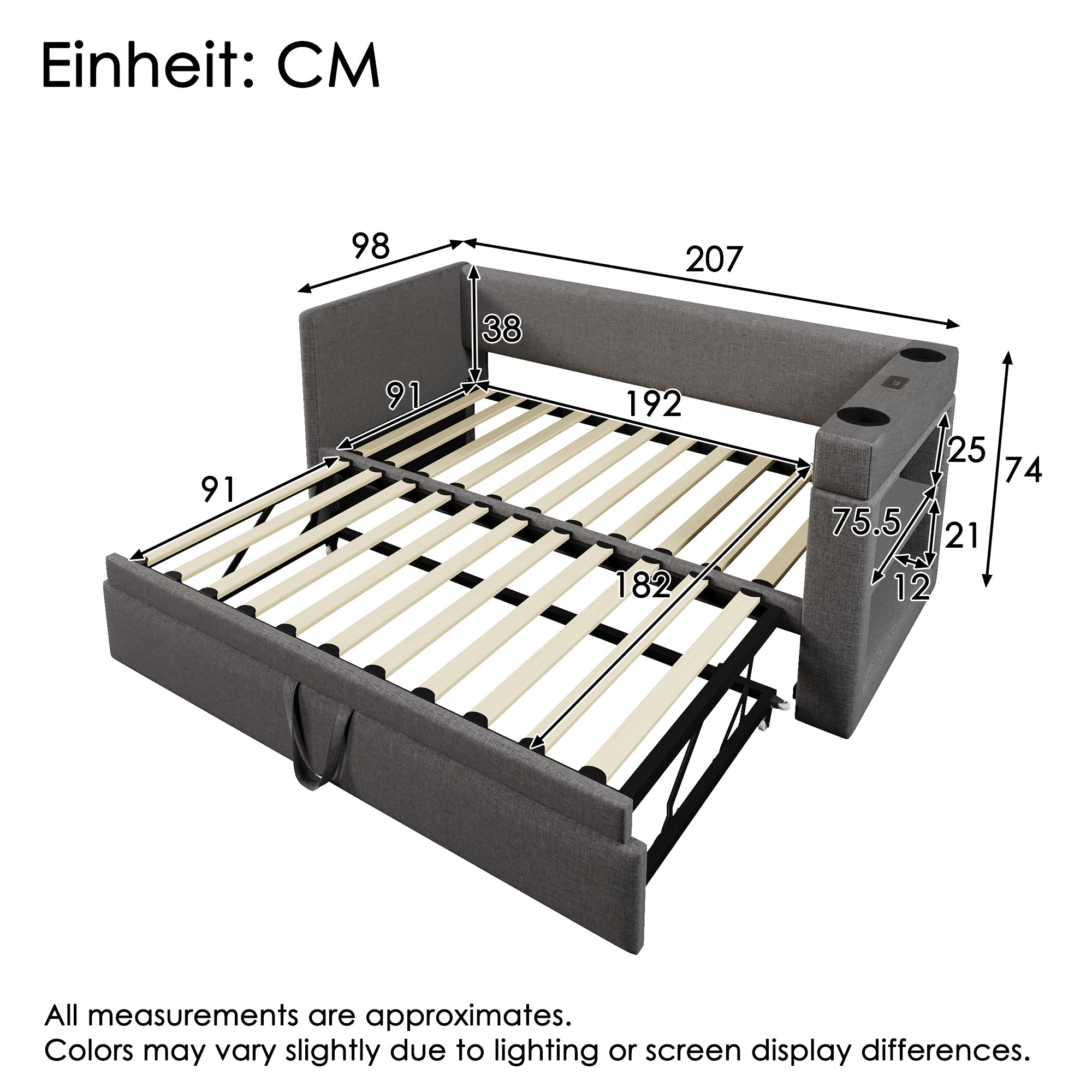 Upholstered Daybed 90x190 cm Single Bed Sofa with Pull-Out, USB/Type-C Port, Linen Blend Grey