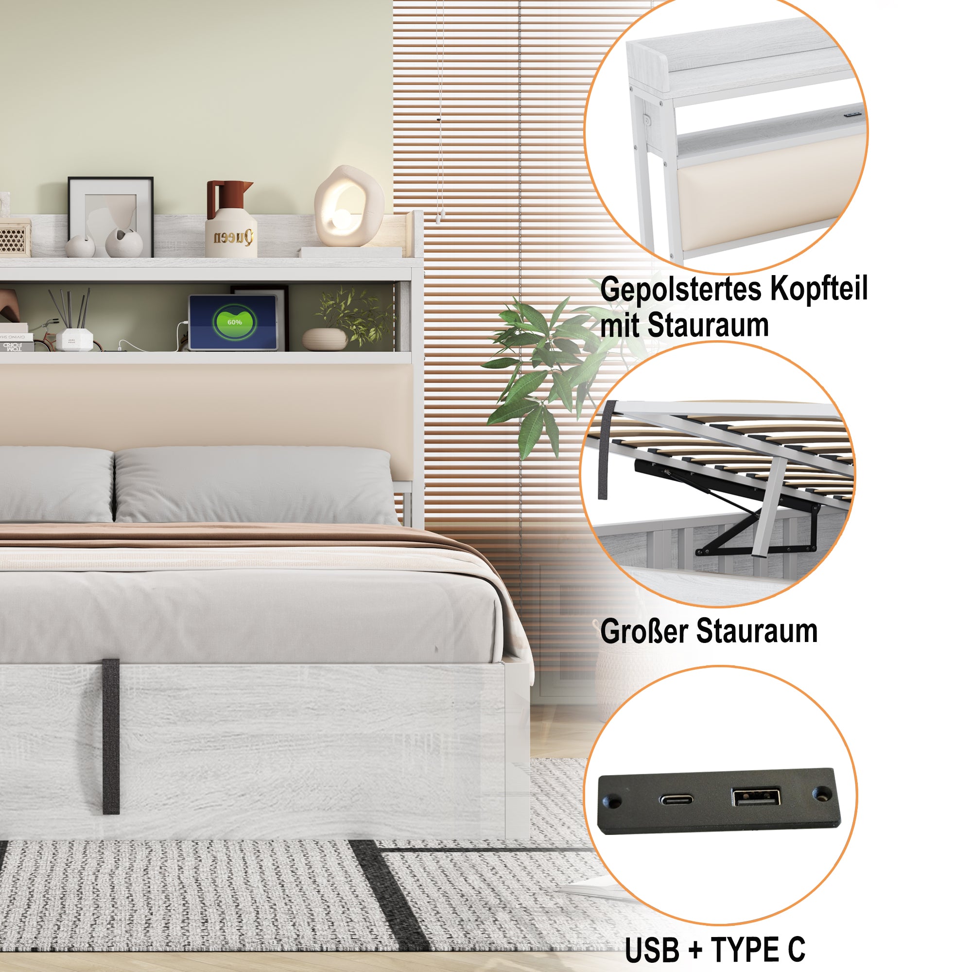 Bed Frame 180x200, Hydraulic Lift, USB, Upholstered Headboard, Hidden Storage, Wood & Metal, White