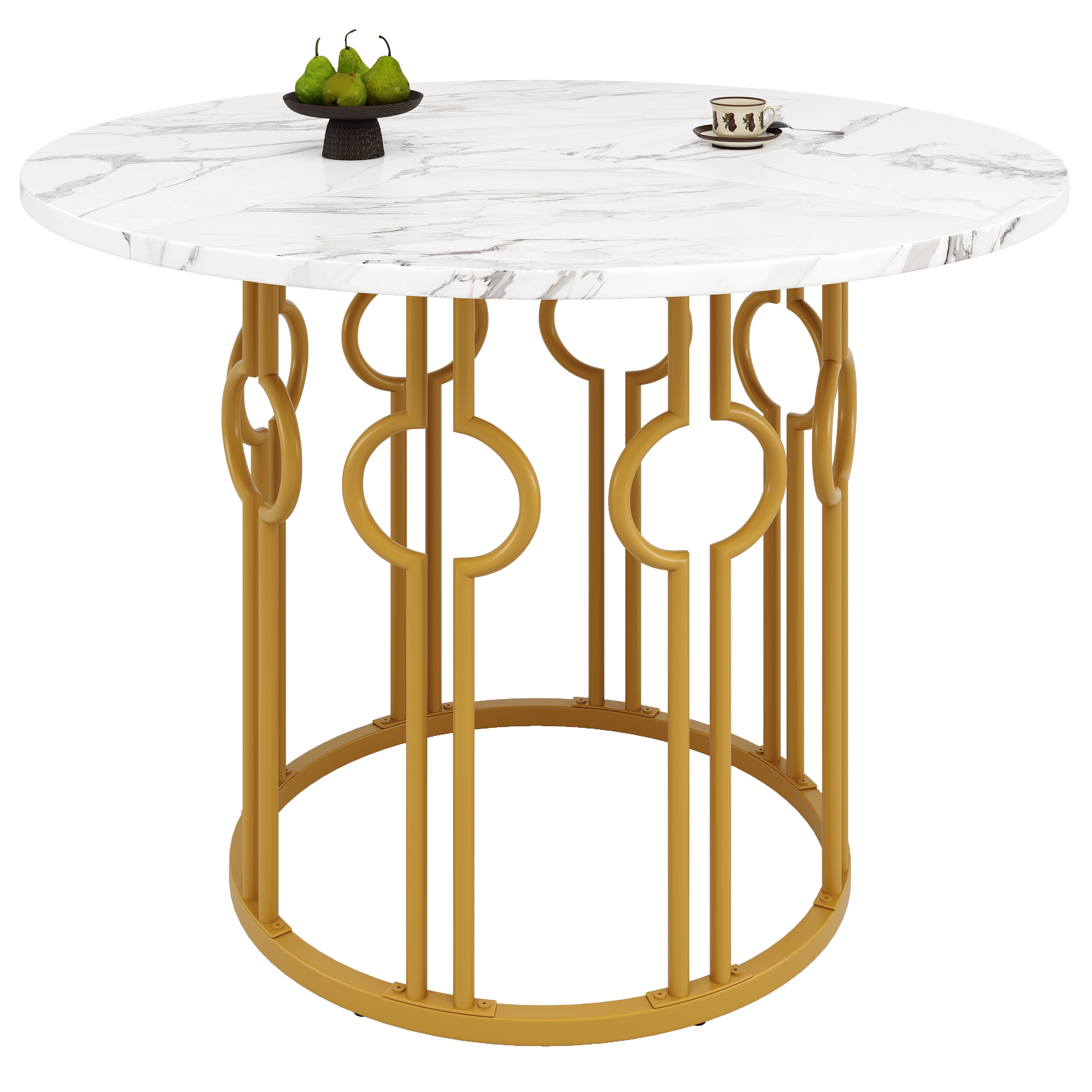 Round Dining Table, 100x100x76cm, Coffee Table for 4, MDF Marbled Top, Golden Metal Legs