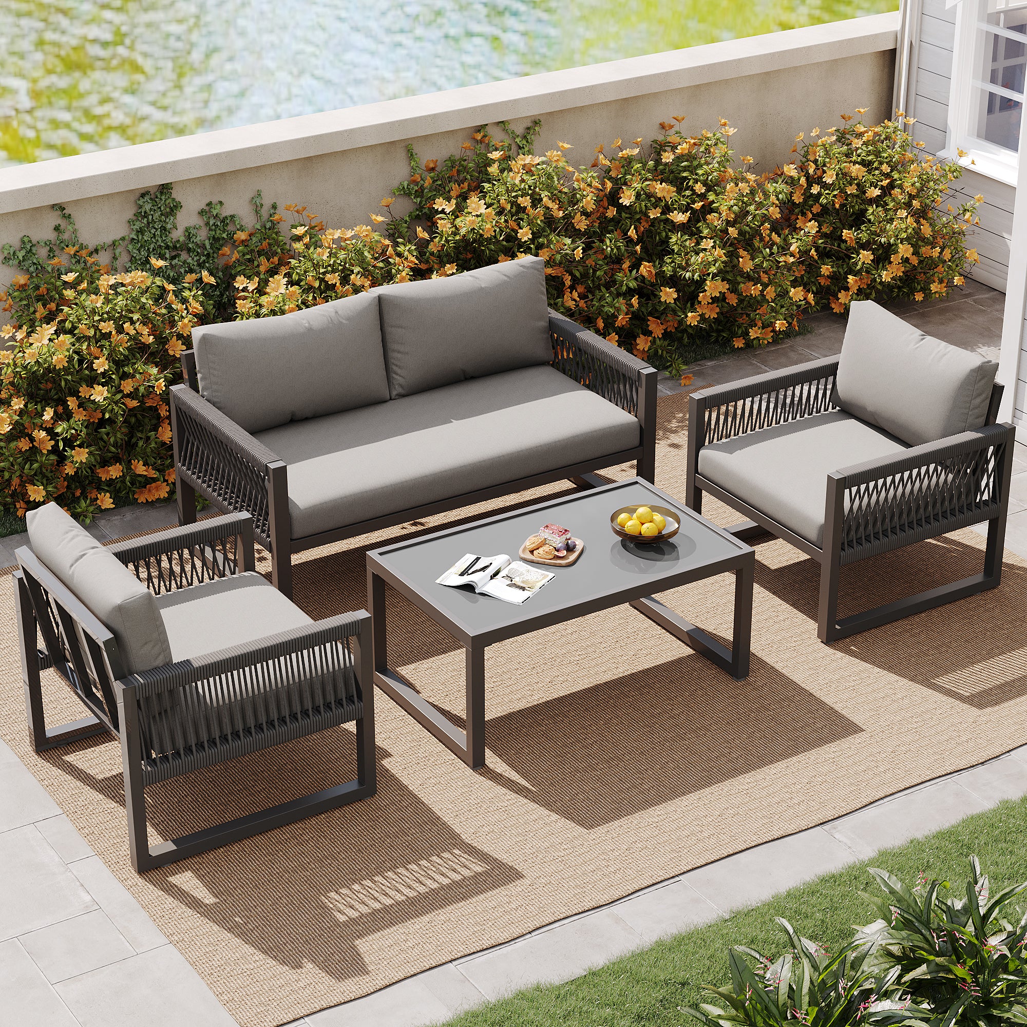 Garden Lounge Set 4-Piece Rope Glass Top - Grey