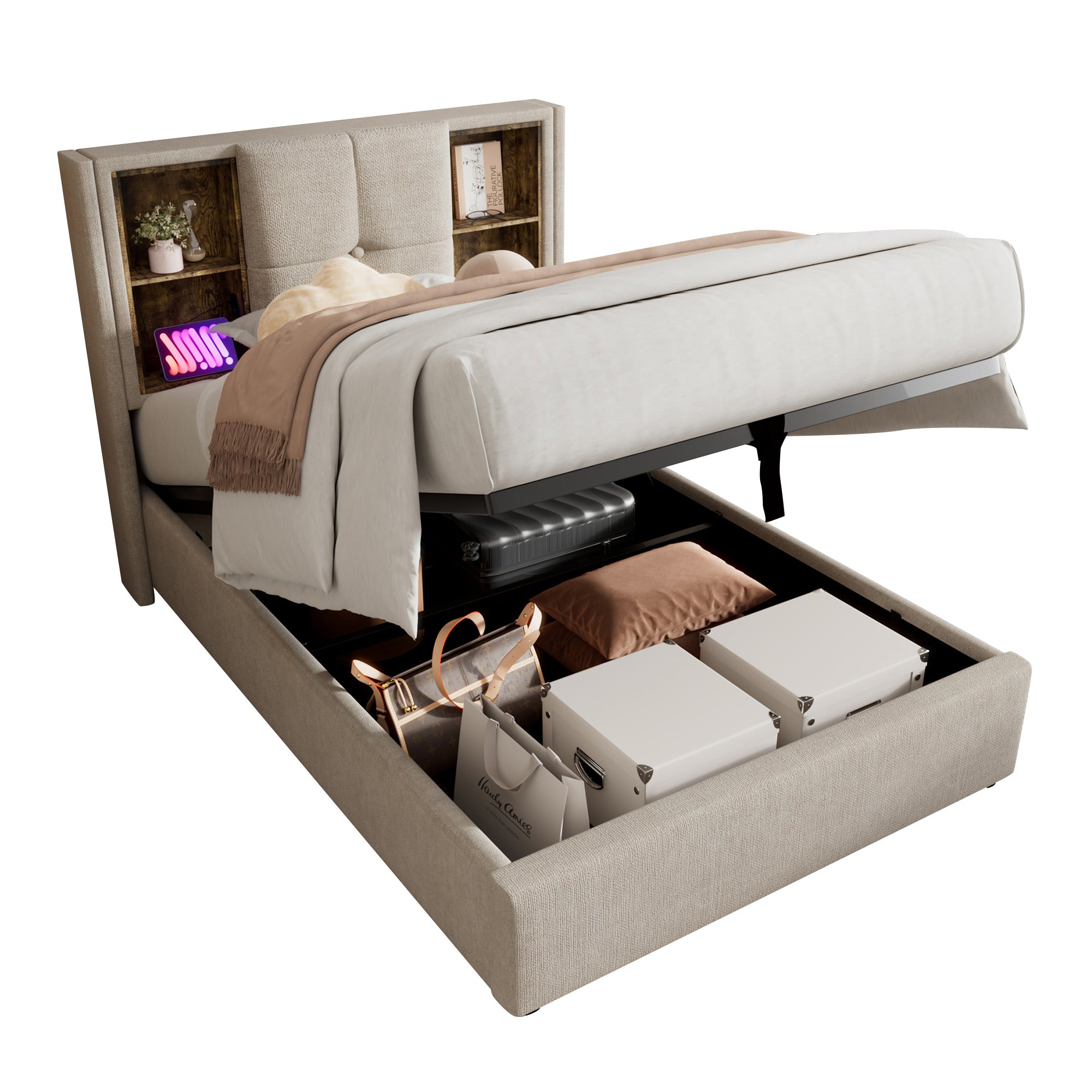 Single Bed, Wireless Charging USB C, Upholstered with Storage, 90x200cm Wood-Natural Linen