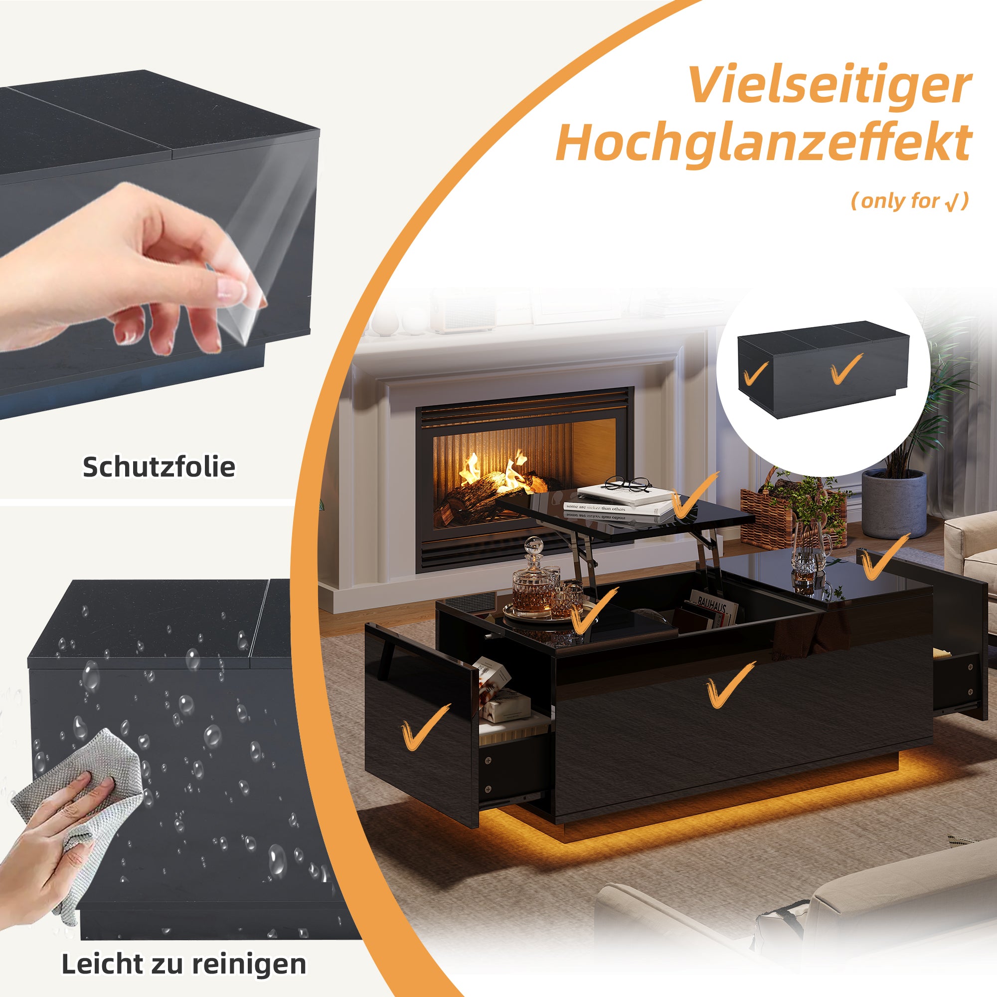 Coffee Table 95x48x40cm with Lift-Top, 2 Drawers, LED, Black