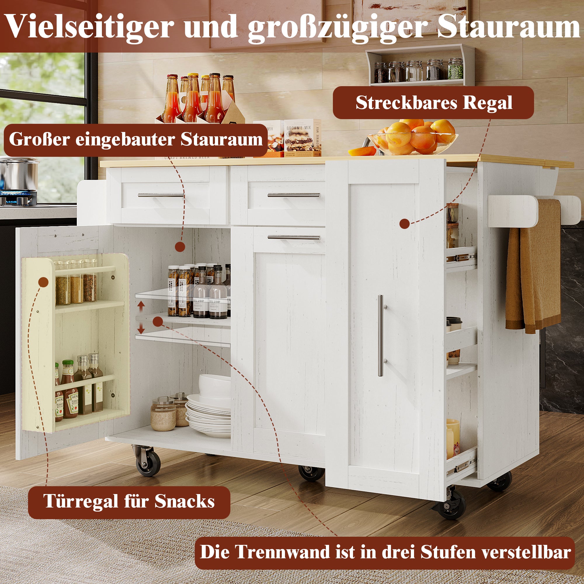 Dining Cart Kitchen Island - Multifunctional Extendable Table Storage - White Wood Grain