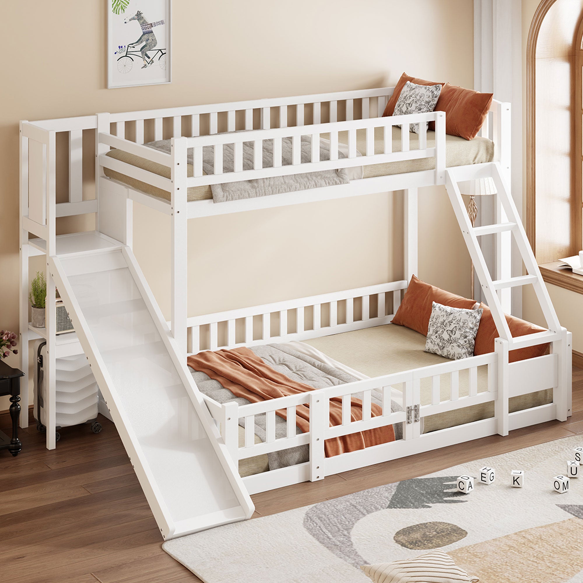 Bunk Bed 90x200 & 140x200, Slide, Pine Wood, White