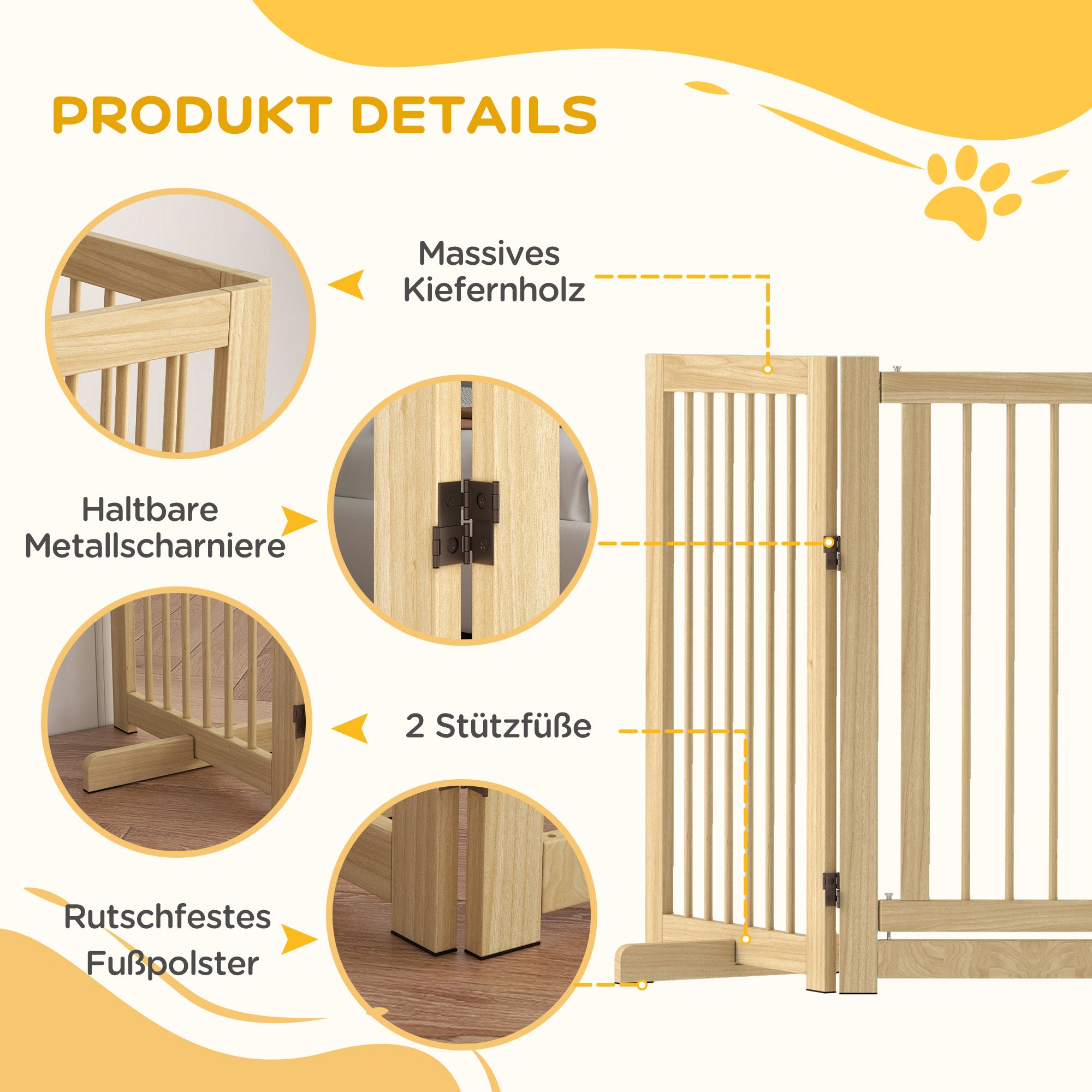 Dog Safety Gate, 4-Piece Foldable Freestanding Door, Wooden