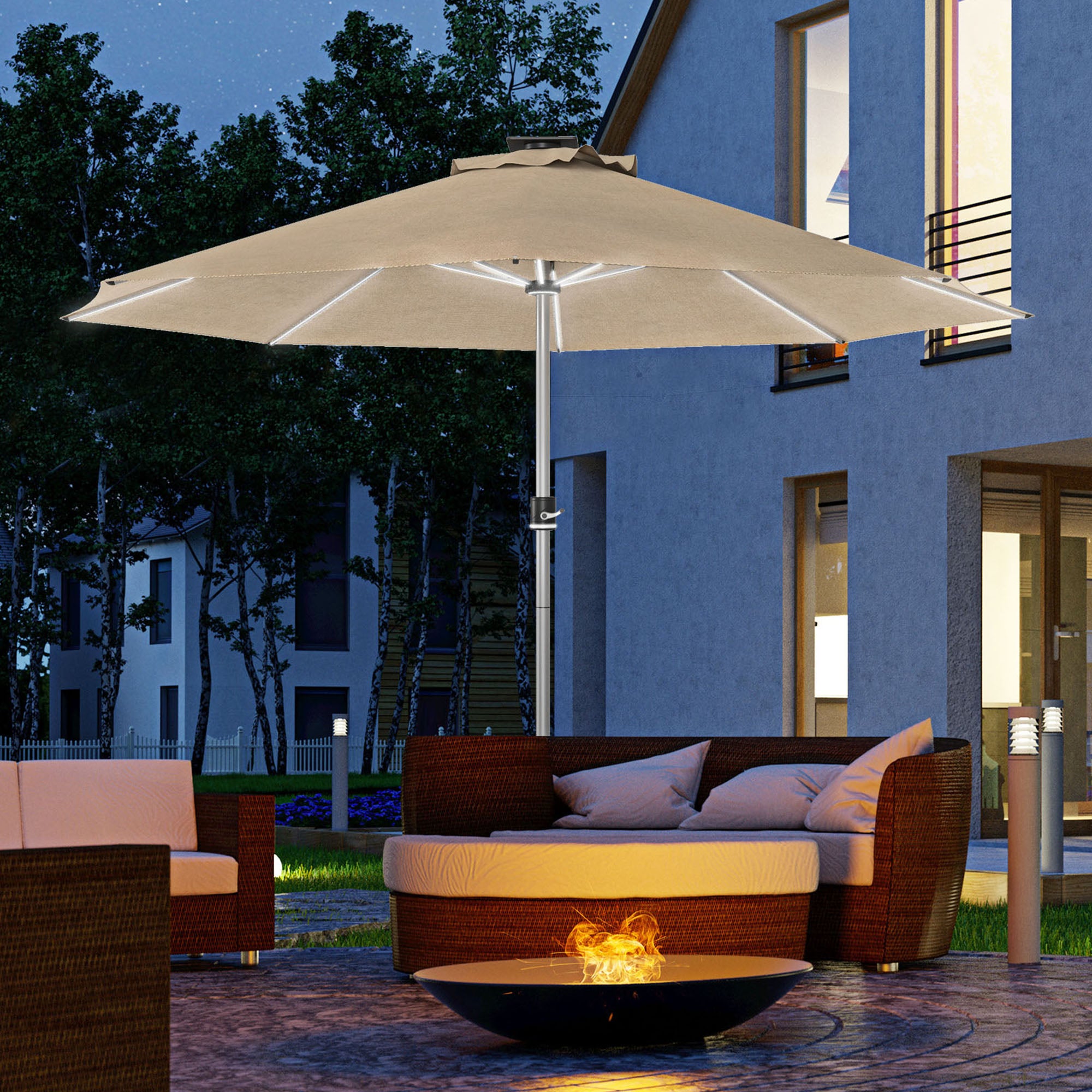 3m Parasol Solar-Powered LED Lights Khaki