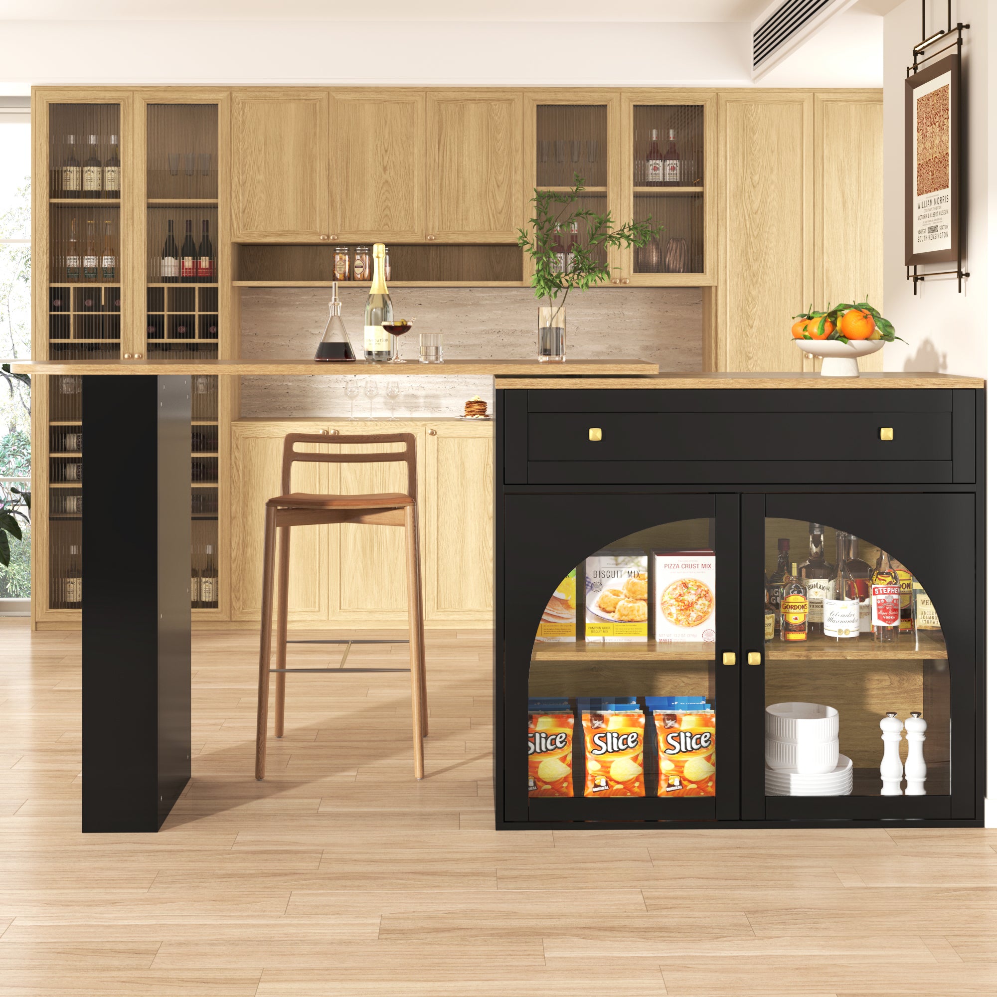 Extendable Bar Table 360° Rotating Storage Shelves Glass - Black